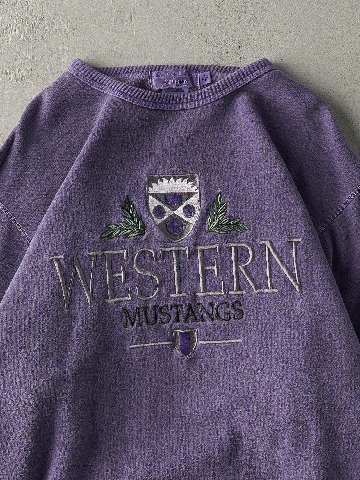 Vintage 90s Washed Purple Western Mustangs Embroidered Crewneck (XL) - Image 2