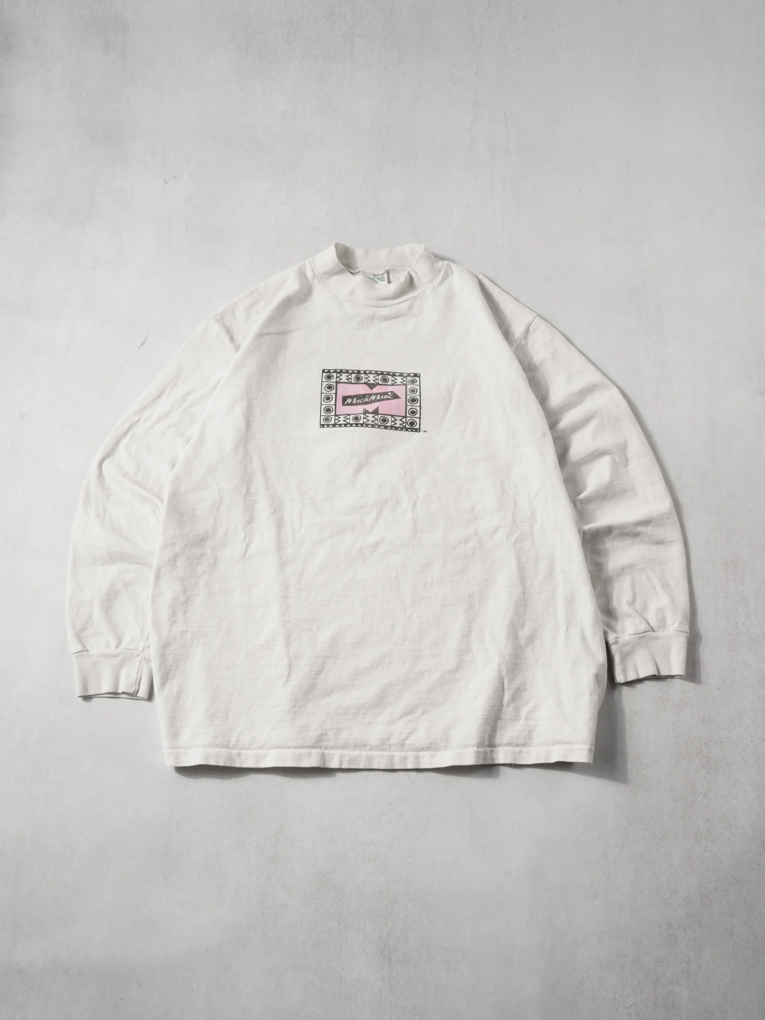 Vintage 90s RARE White and Pink Much Music Mockneck (L)