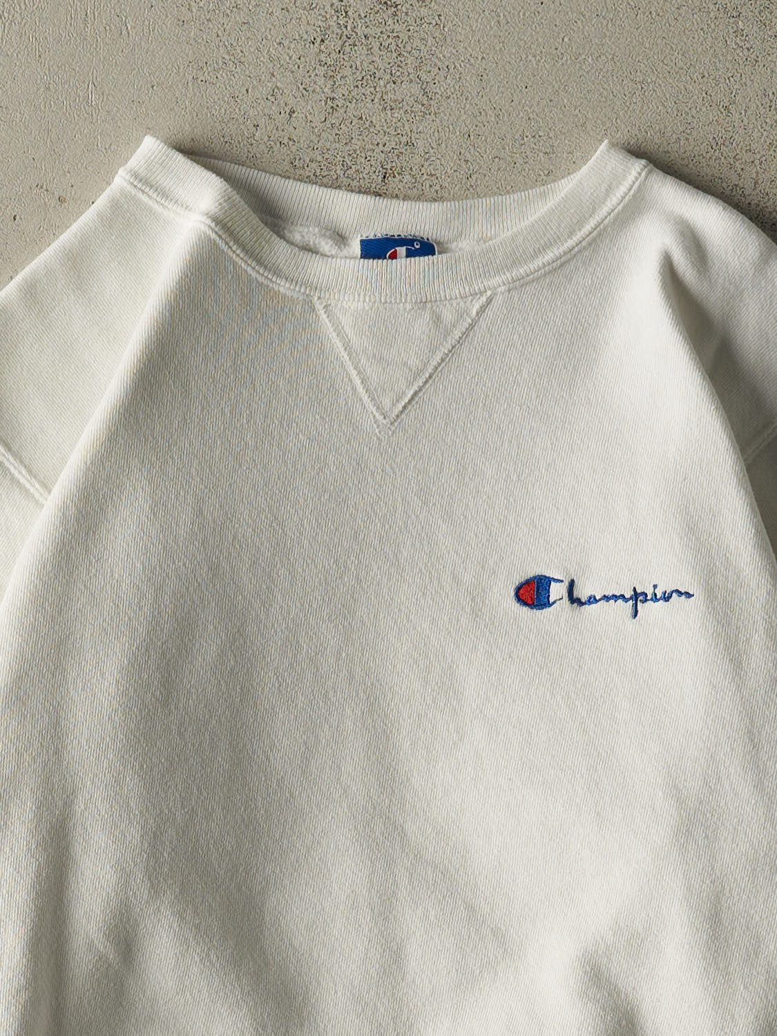 Vintage 90s White Champion Embroidered Crewneck (M) - Image 2