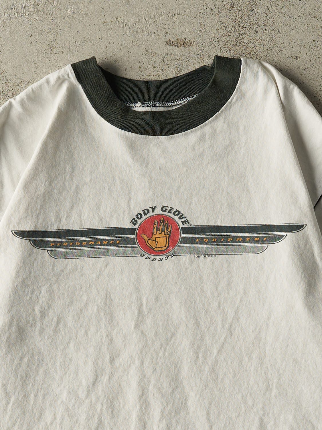 Vintage 90s White & Green Body Glove Ringer Tee (M) - Image 2