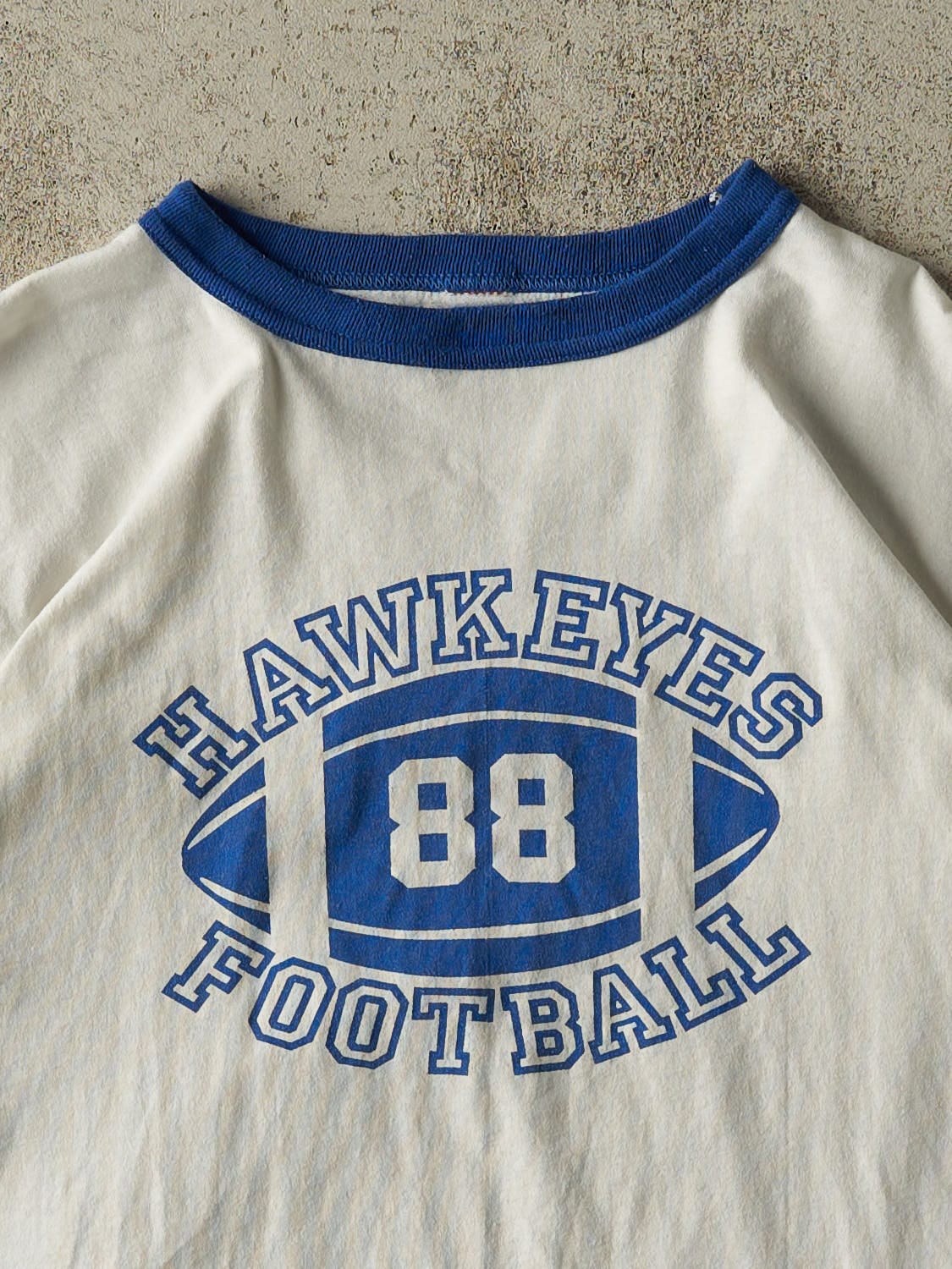 Vintage 88' White Hawkeyes Football Ringer Tee (S/M) - Image 2