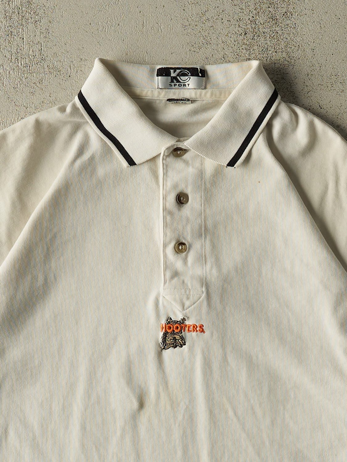 Vintage 90s White Hooters Embroidered Quarter Button Tee (L/XL) - Image 2