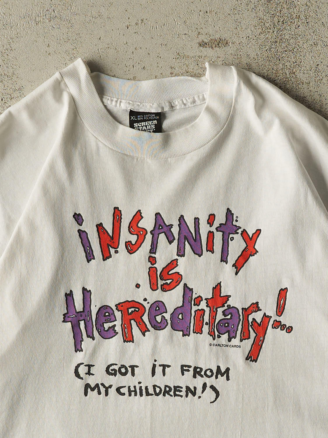 Vintage 90s White "Insanity is Hereditary" Single Stitch Tee (L/XL) - Image 2