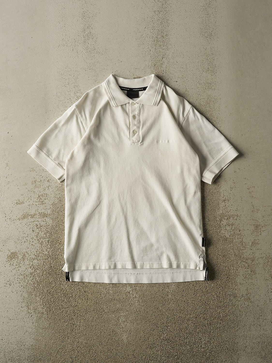 Vintage Y2K White Porsche Embroidered Quarter Button Tee (S/M)