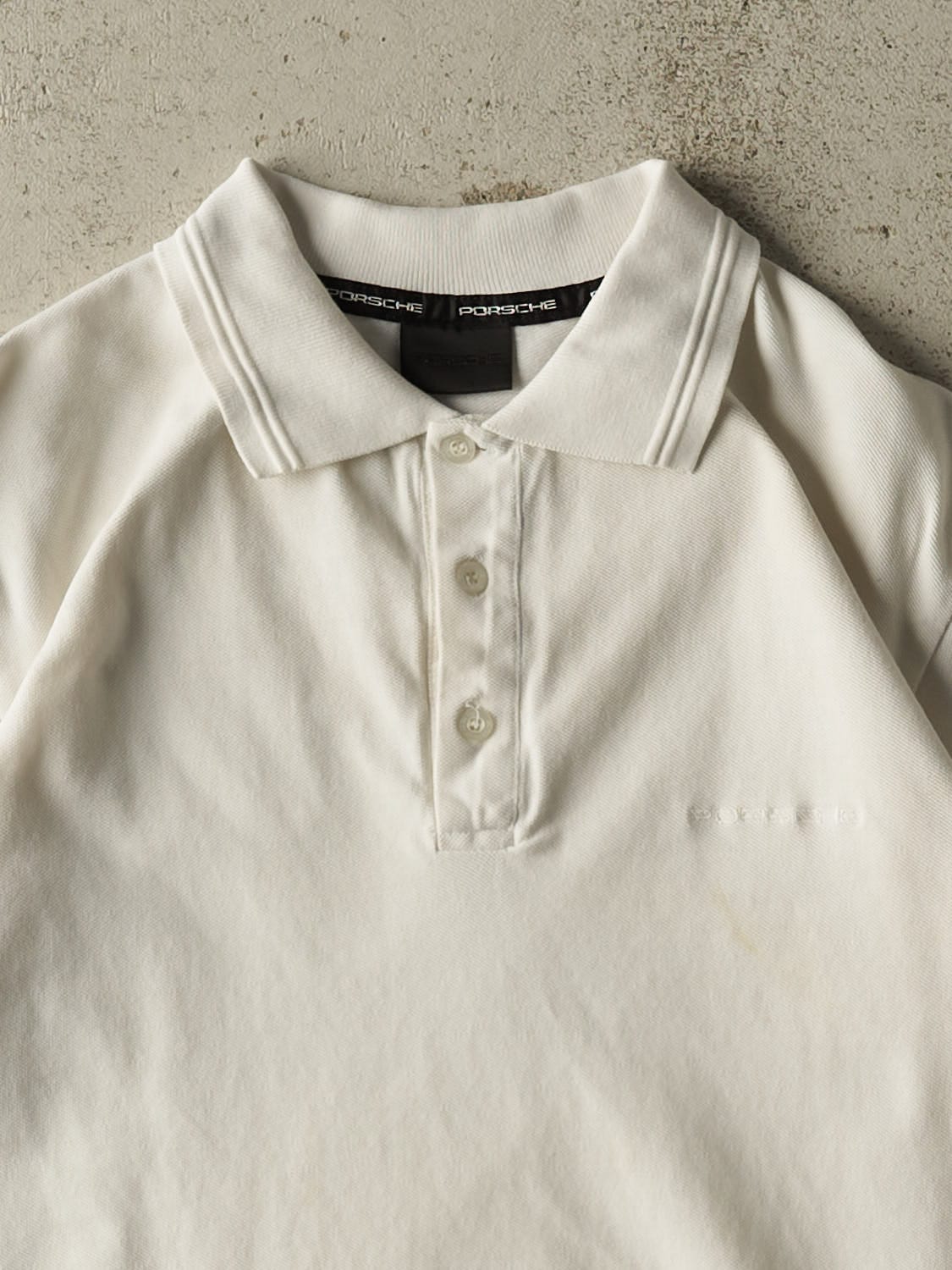 Vintage Y2K White Porsche Embroidered Quarter Button Tee (S/M) - Image 2