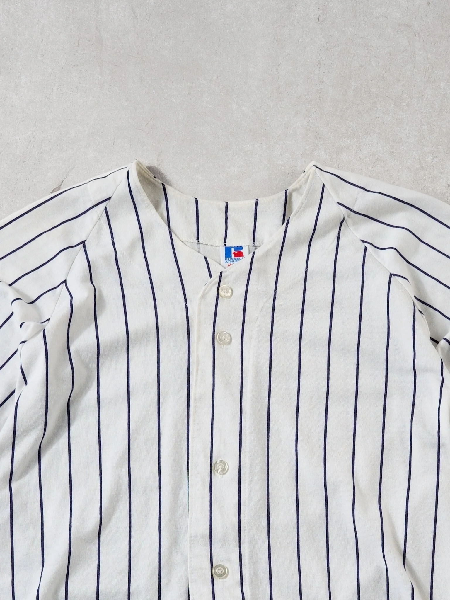 Vintage 90s White Russell Athletics Pine Striped Baseball Jersey (M) - Image 2