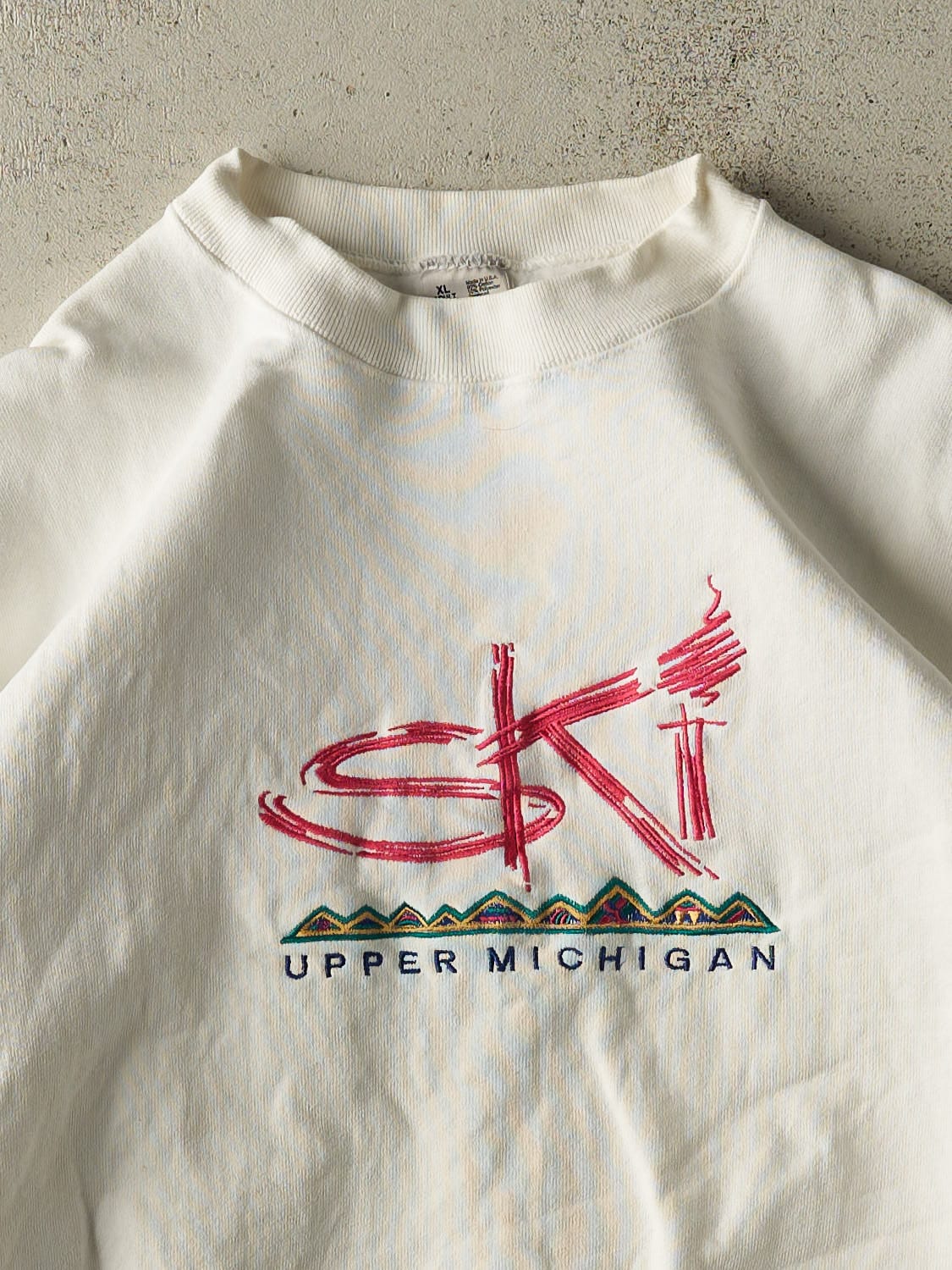 Vintage 90s White Upper Michigan Ski Embroidered Crewneck (L/XL) - Image 2