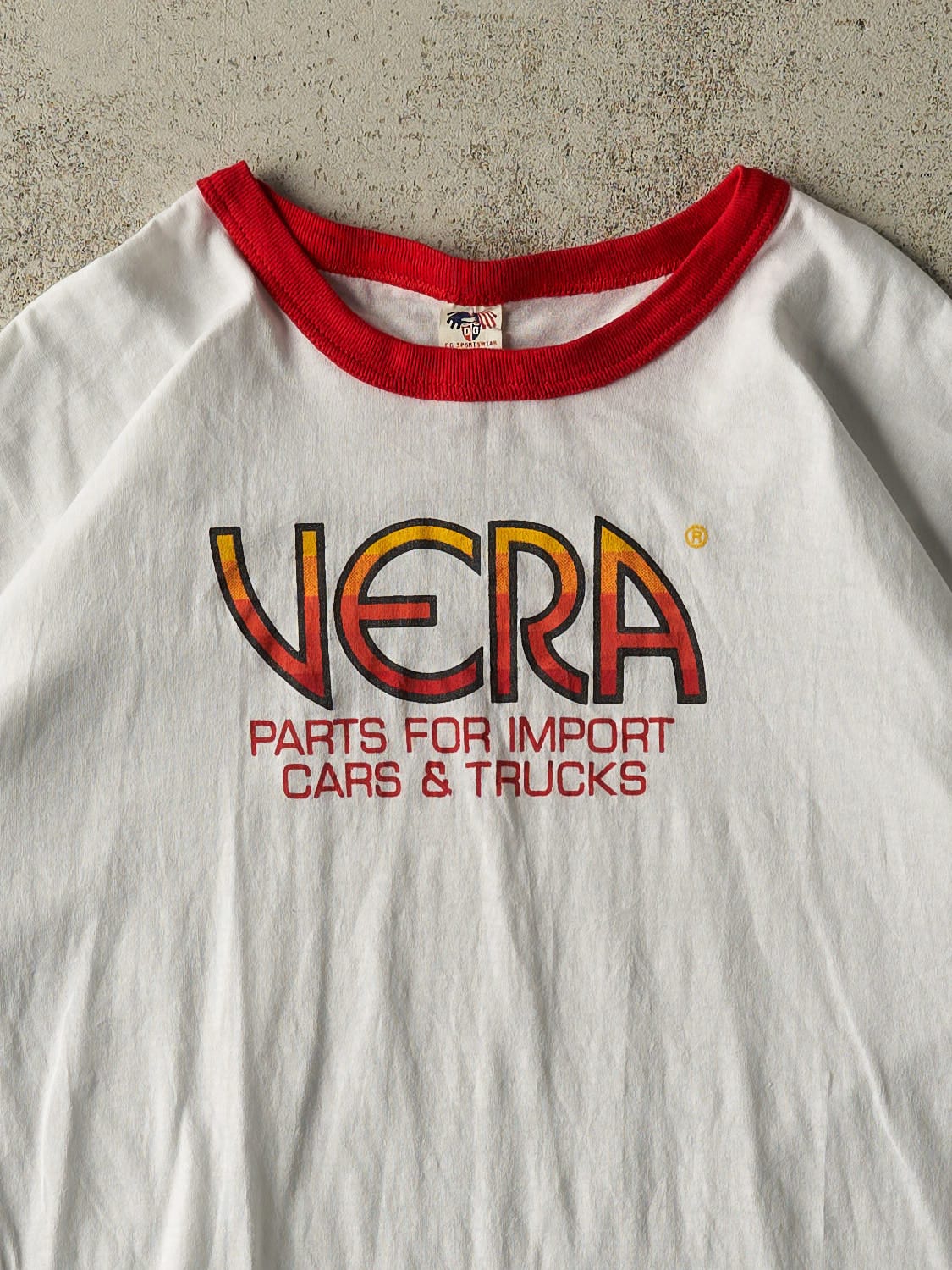Vintage 80s White Vera Import Parts Ringer Tee (L/XL) - Image 2