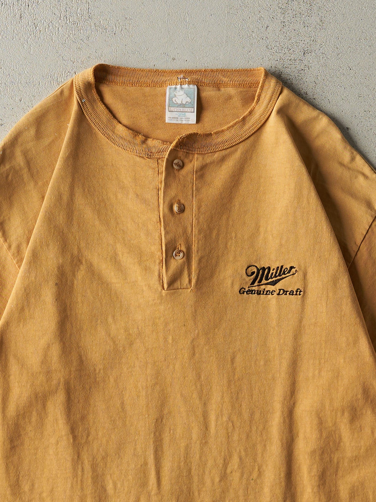 Vintage 90s Yellow Miller Genuine Draft Embroidered Quarter Button Tee (M) - Image 2
