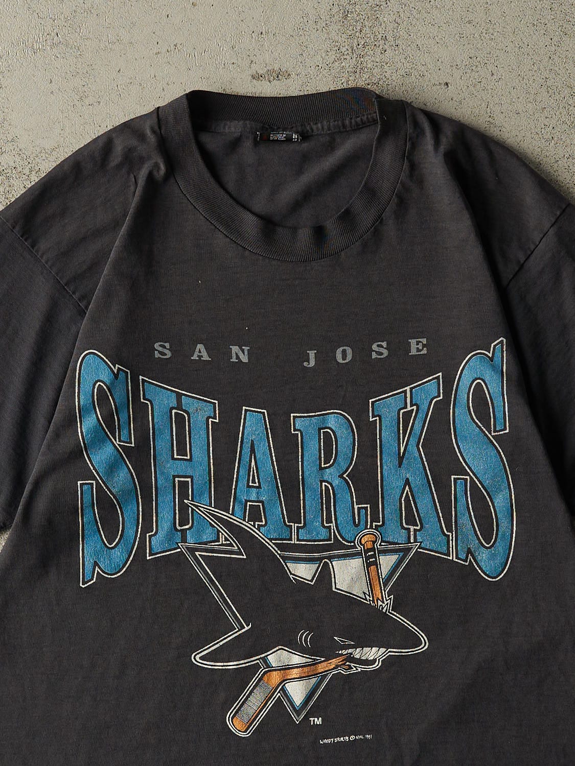 Vintage 91' Faded Black San Jose Sharks Single Stitch Tee (S/M) - Image 2
