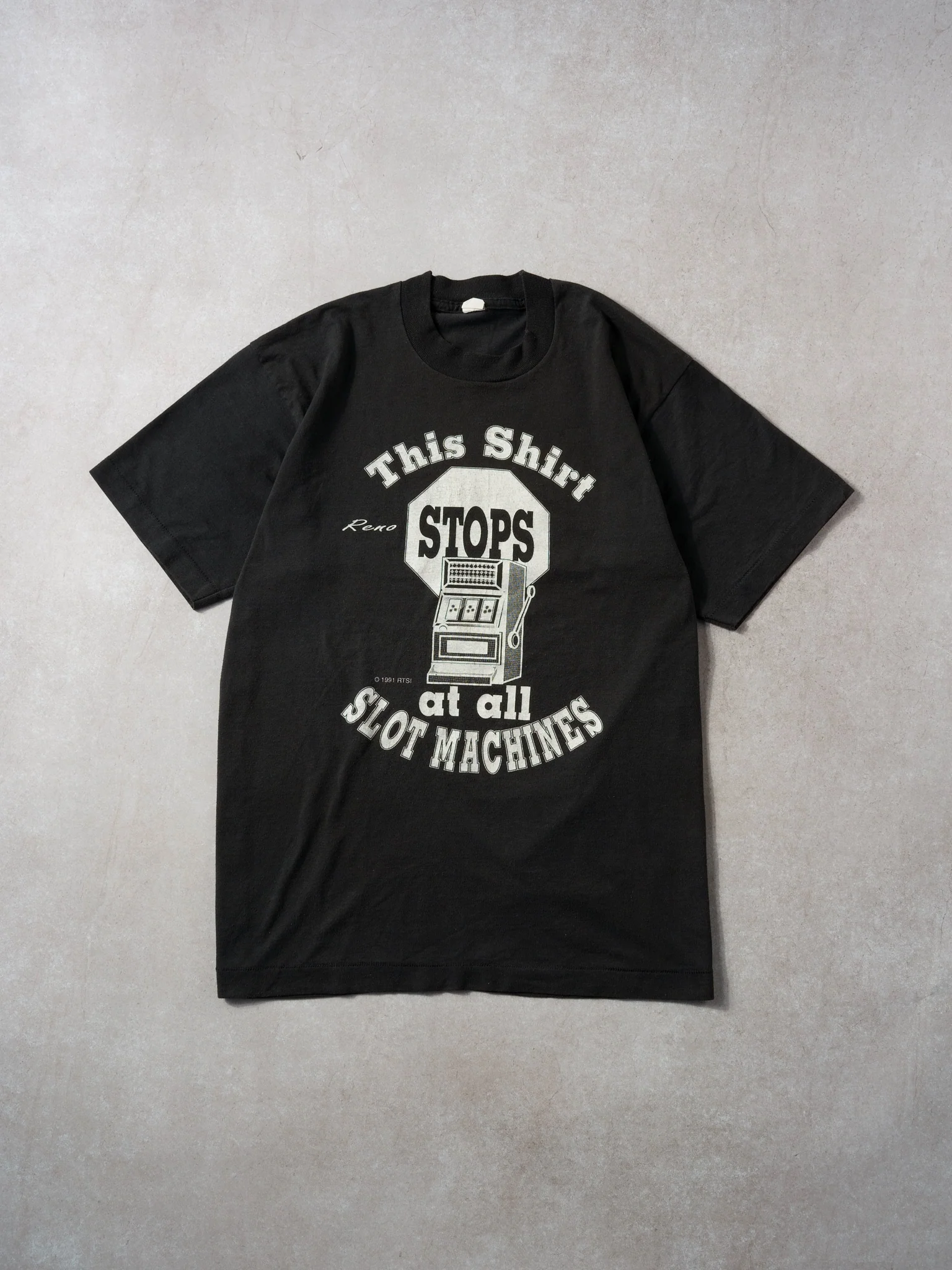 Vintage 91' Washed Black Single Stitched "This Shirt STOPS At All Slot Machines" Graphic Tee (M)