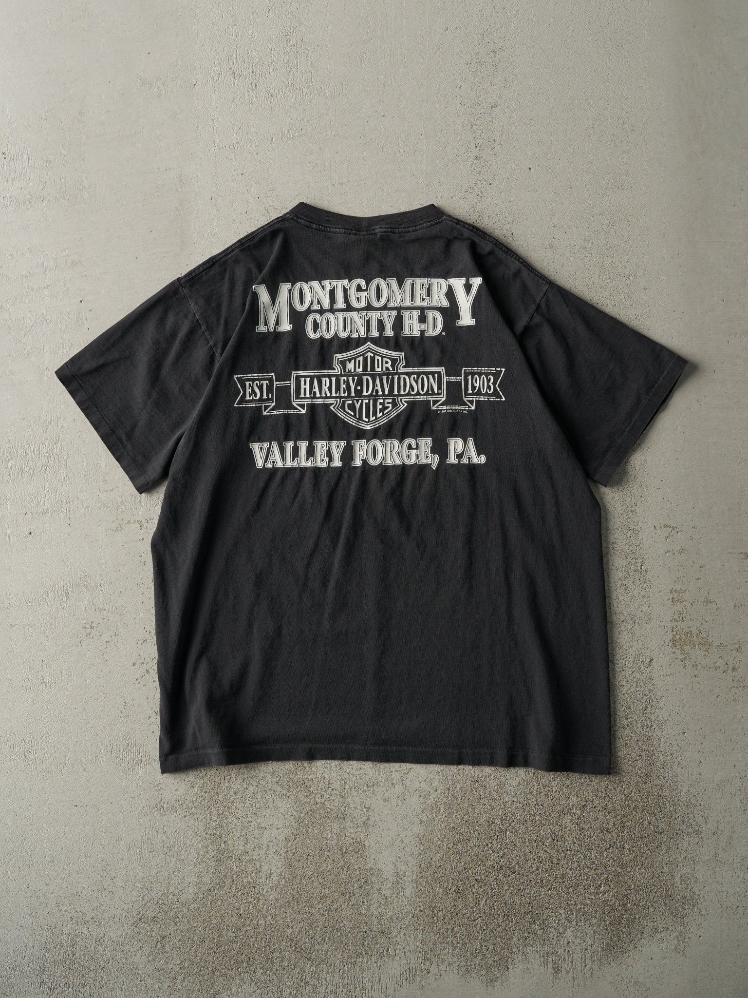 Vintage 92' Faded Black Valley Forge, PA Harley Davidson Single Stitch Tee (M) - Image 2