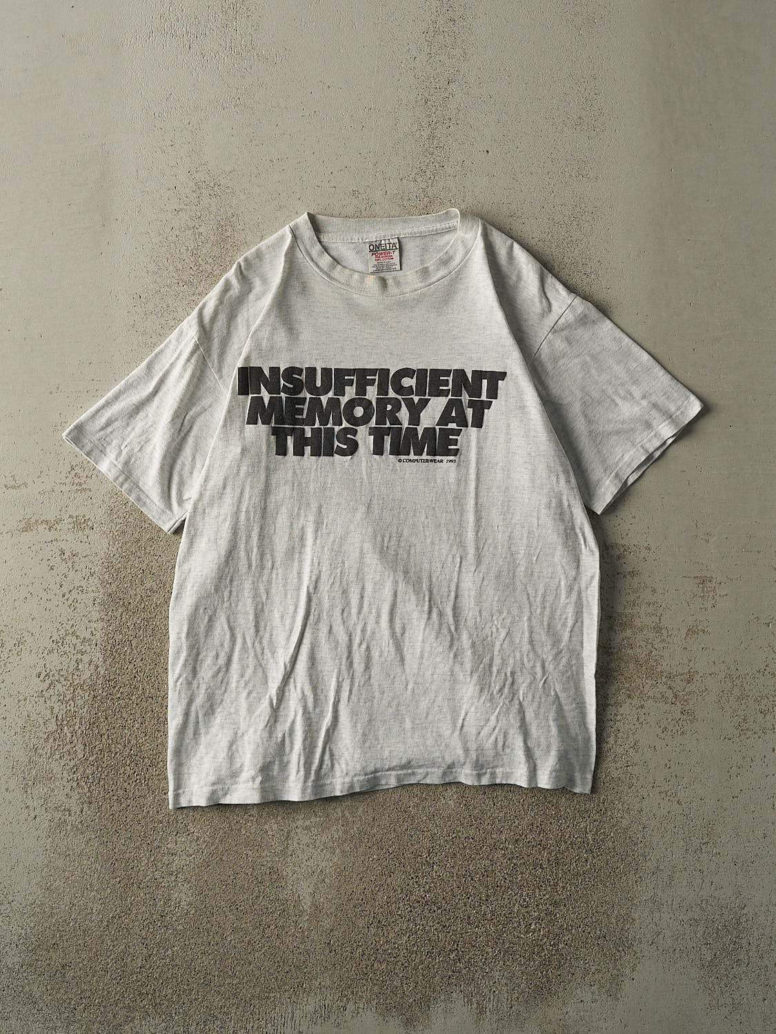 Vintage 93' Heather Grey "Insufficient Memory" Single Stitch Slogan Tee (L)