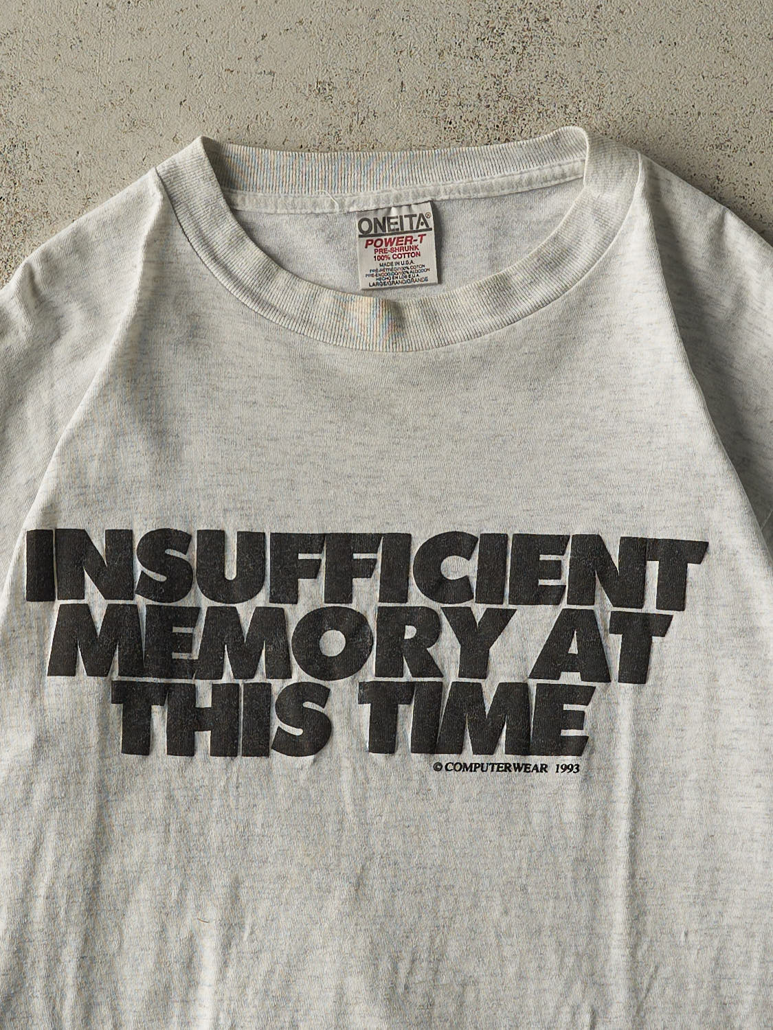 Vintage 93' Heather Grey "Insufficient Memory" Single Stitch Slogan Tee (L) - Image 2