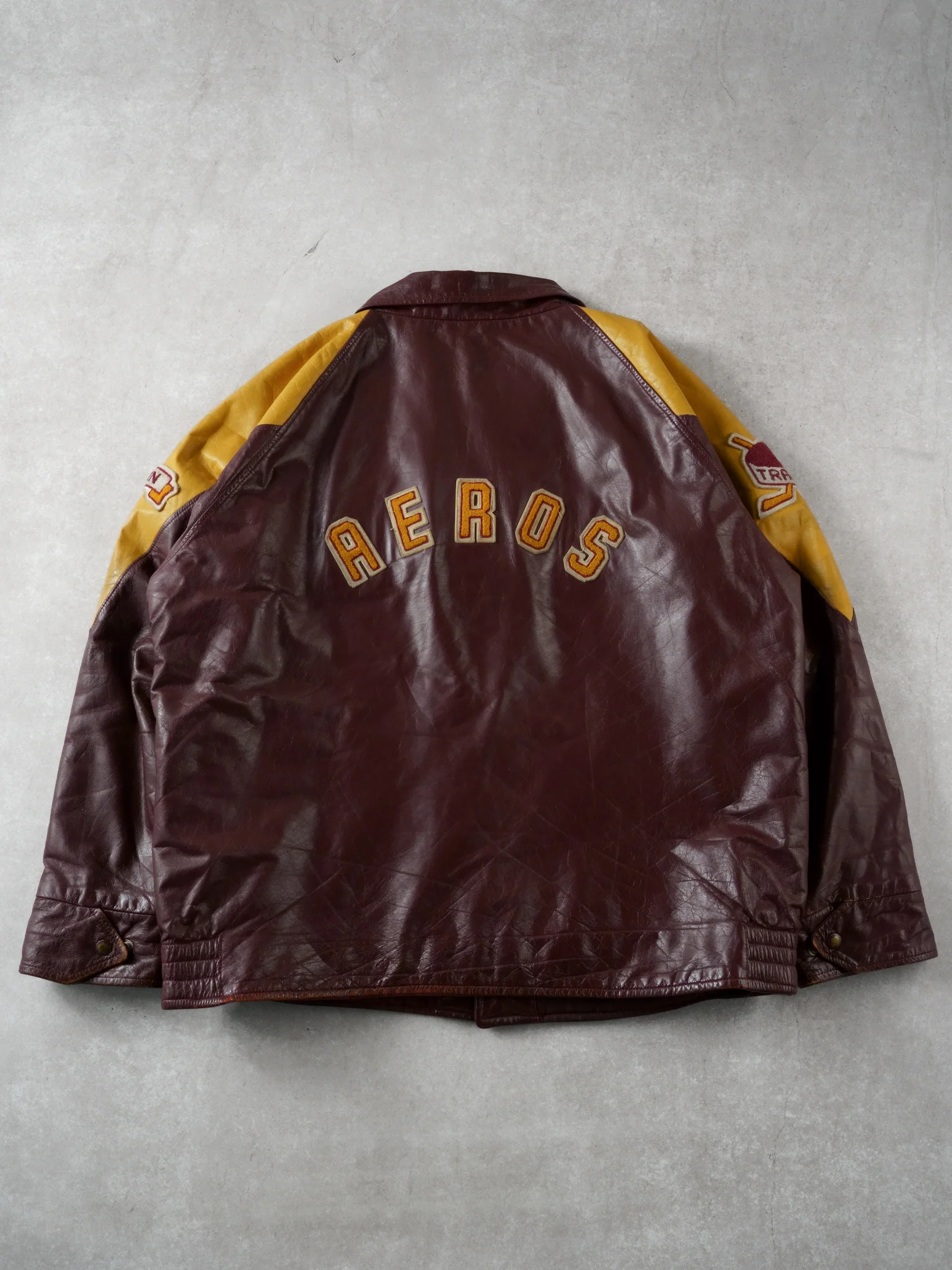 Vintage 93' Maroon and Yellow Athens Aeros Leather Jacket (L) - Image 2