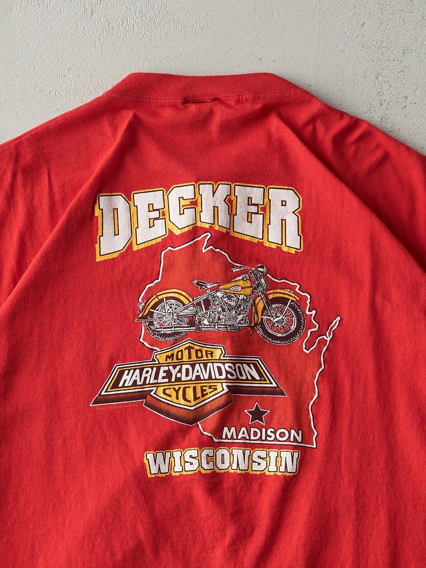Vintage 93' Red Madison Wisconsin Harley Davidson Quarter Button Single Stitch Tee (L) no - Image 4