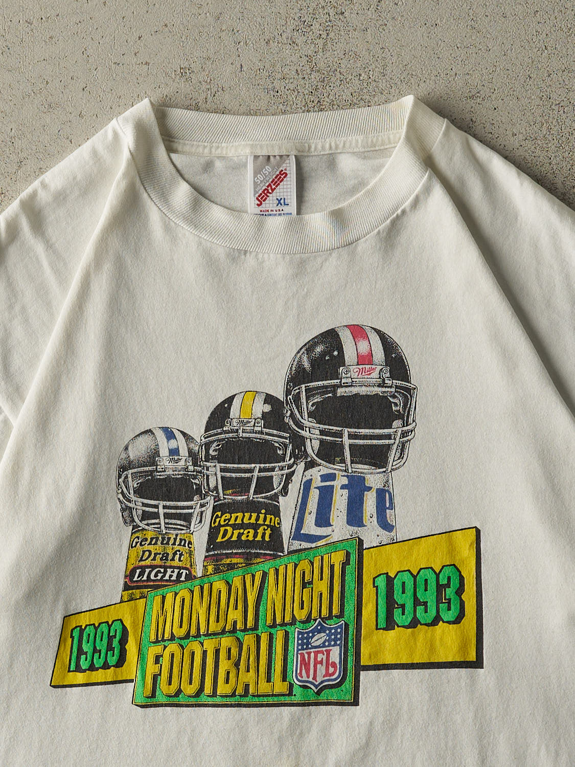 Vintage 93' White NFL Monday Night Football Miller Beer Tee (L/XL) - Image 2