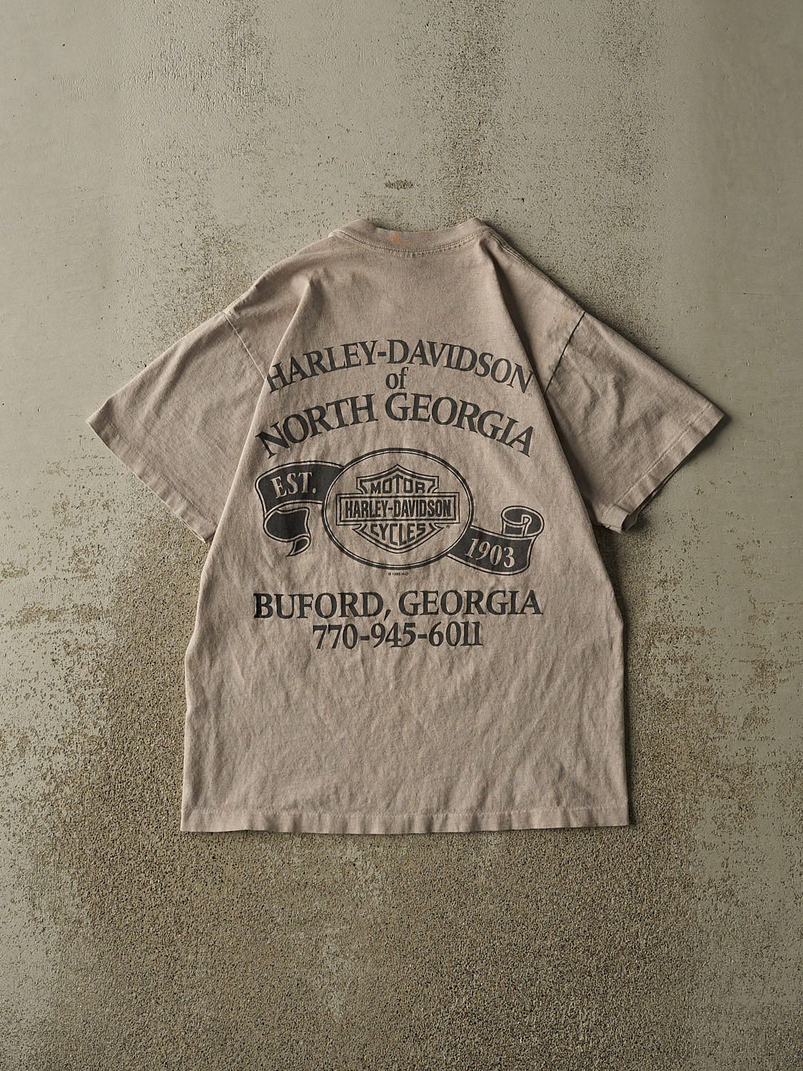 Vintage 95' Beige Harley Davidson Buford GA Tee (S/M) - Image 2