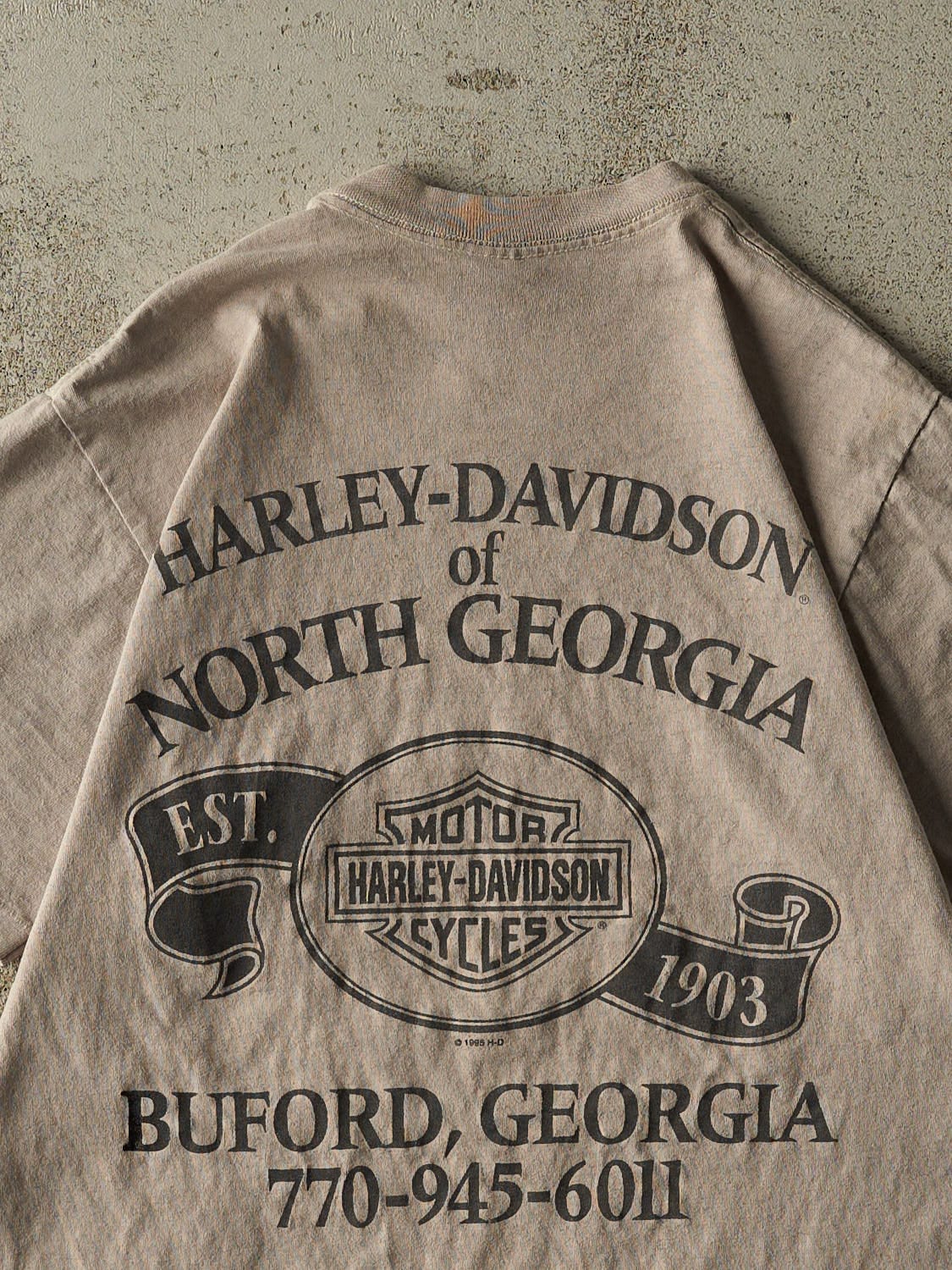 Vintage 95' Beige Harley Davidson Buford GA Tee (S/M) - Image 4