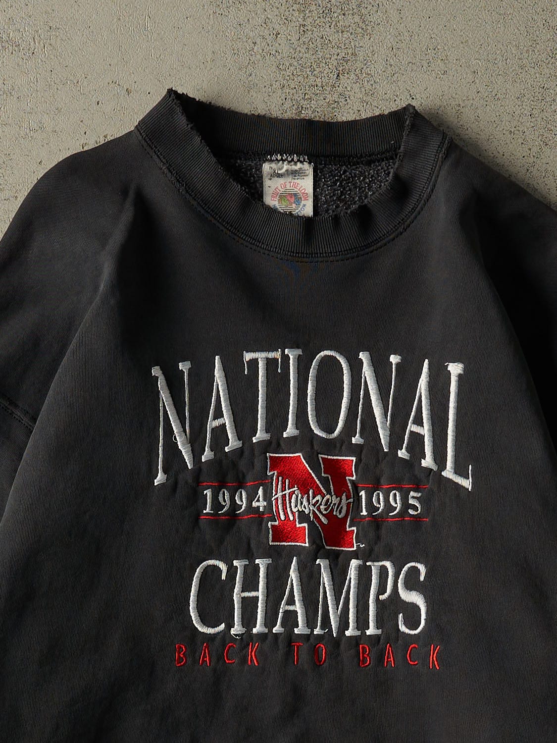 Vintage 95' Faded Black Nebraska University Embroidered Crewneck (L) - Image 2