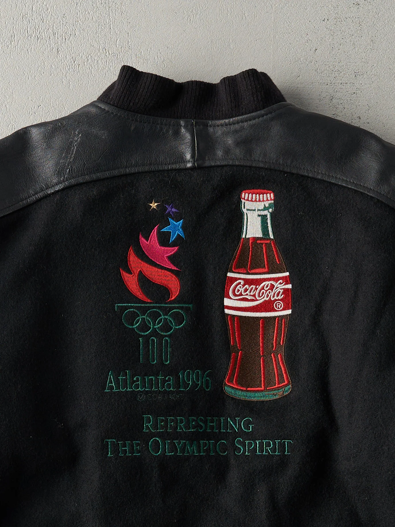 Vintage 96' Black Coca Cola Atlanta Olympics Wool and Leather Embroidered Jacket (L) - Image 4
