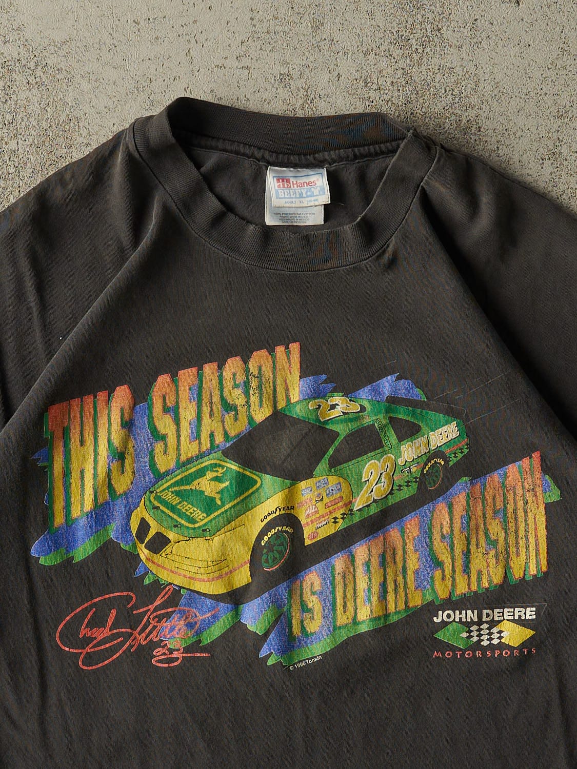 Vintage 96' Black Chad Little John Deere Racing Single Stitch Tee (L/XL) - Image 3