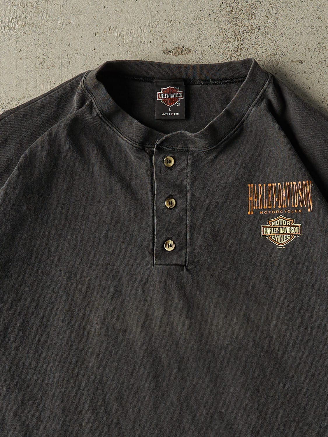 Vintage 97' Faded Black Harley Davidson Quarter Button Tee (L/XL) - Image 2
