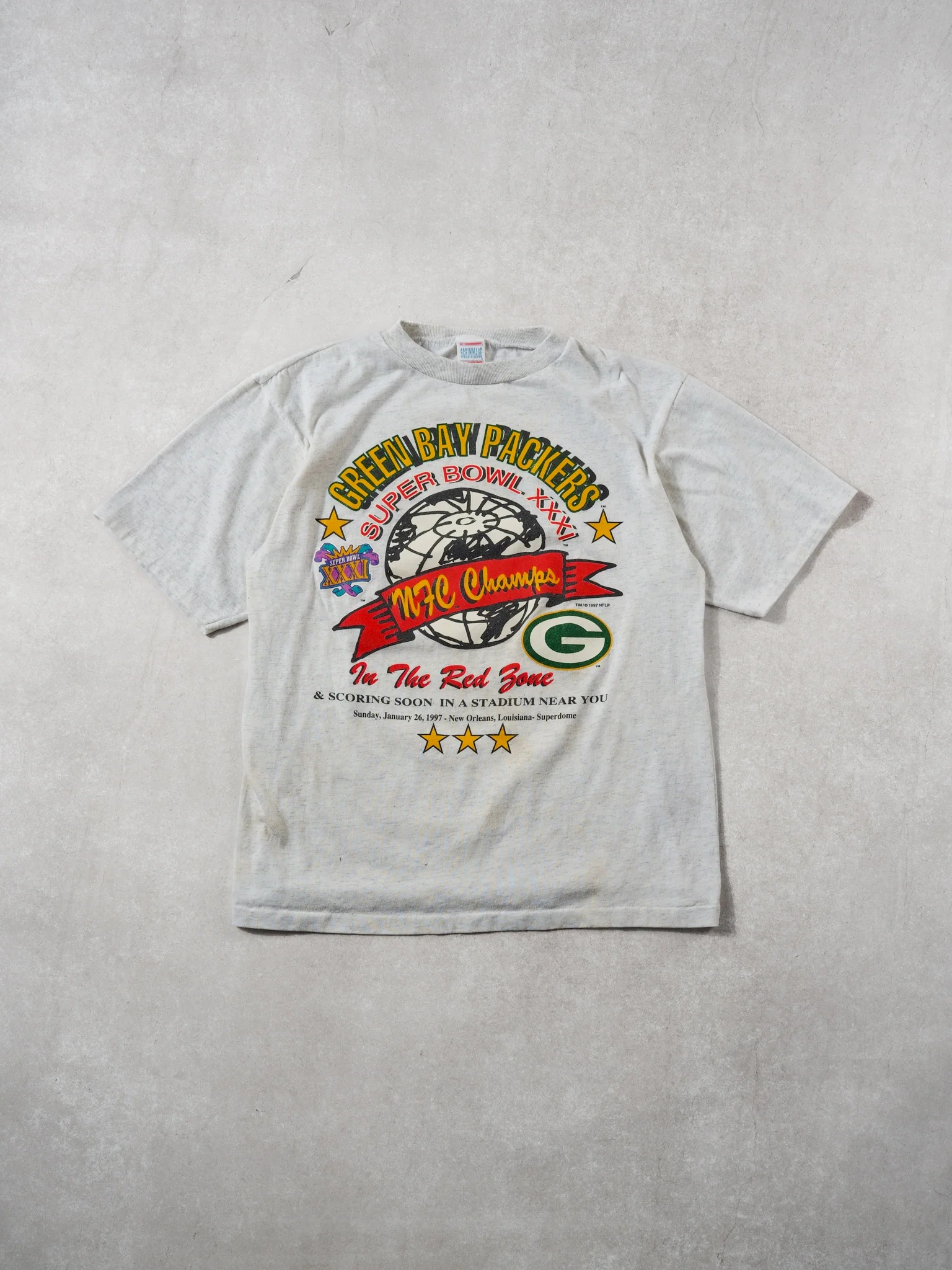 Vintage 97' Grey Green Bay Packers Superbowl XXXI Graphic Tee (S)