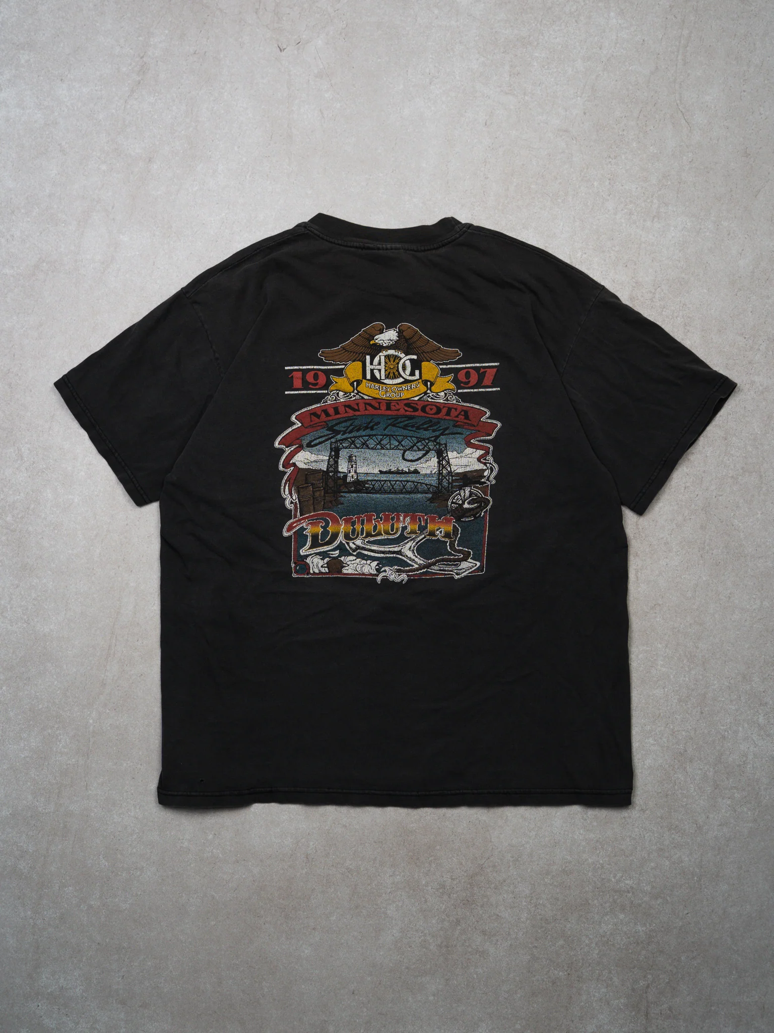 Vintage '97 Washed Black Harley Owners Group State Rally Tee (M) - Image 4