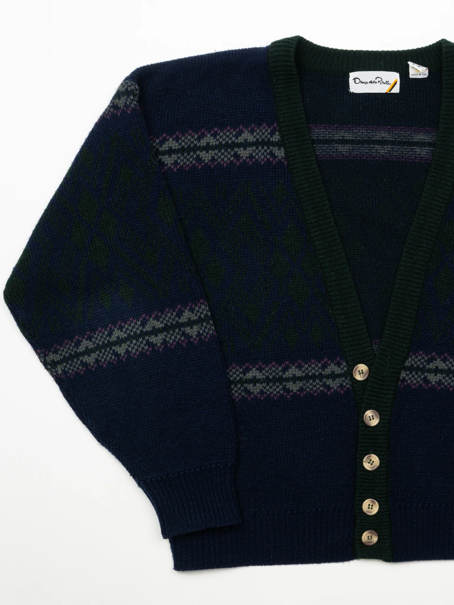 Vintage 80s Blue + Green Oscar De La Renta Knit Cardigan (M/L) - Image 2
