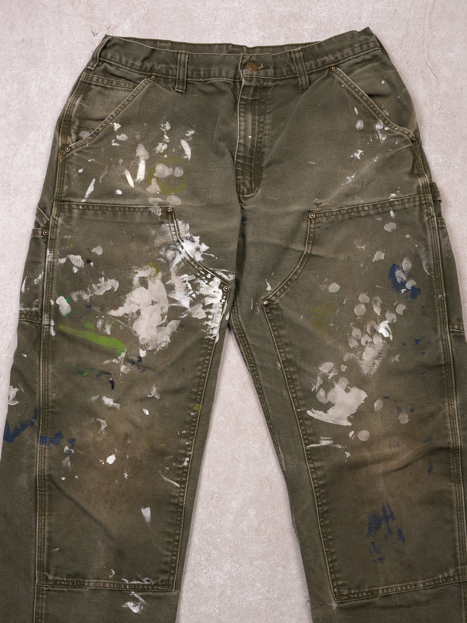 Vintage Moss Green Carhartt Paint Splashed Double Knee Cargo Pants (33 x 32) - Image 2