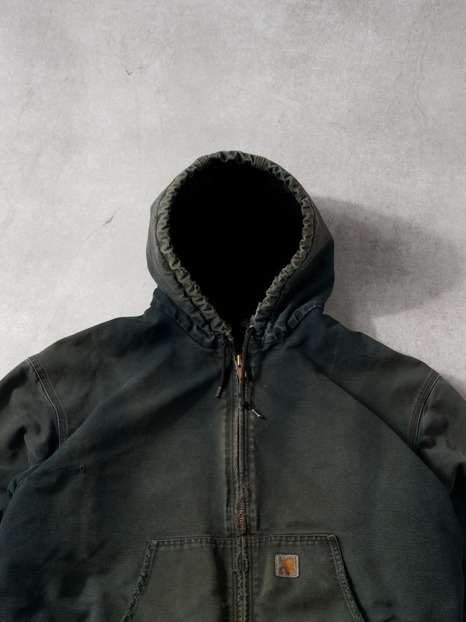 Vintage Washed Dark Green Carhartt Hooded Lined Workwear Jacket (XXL) - Image 2