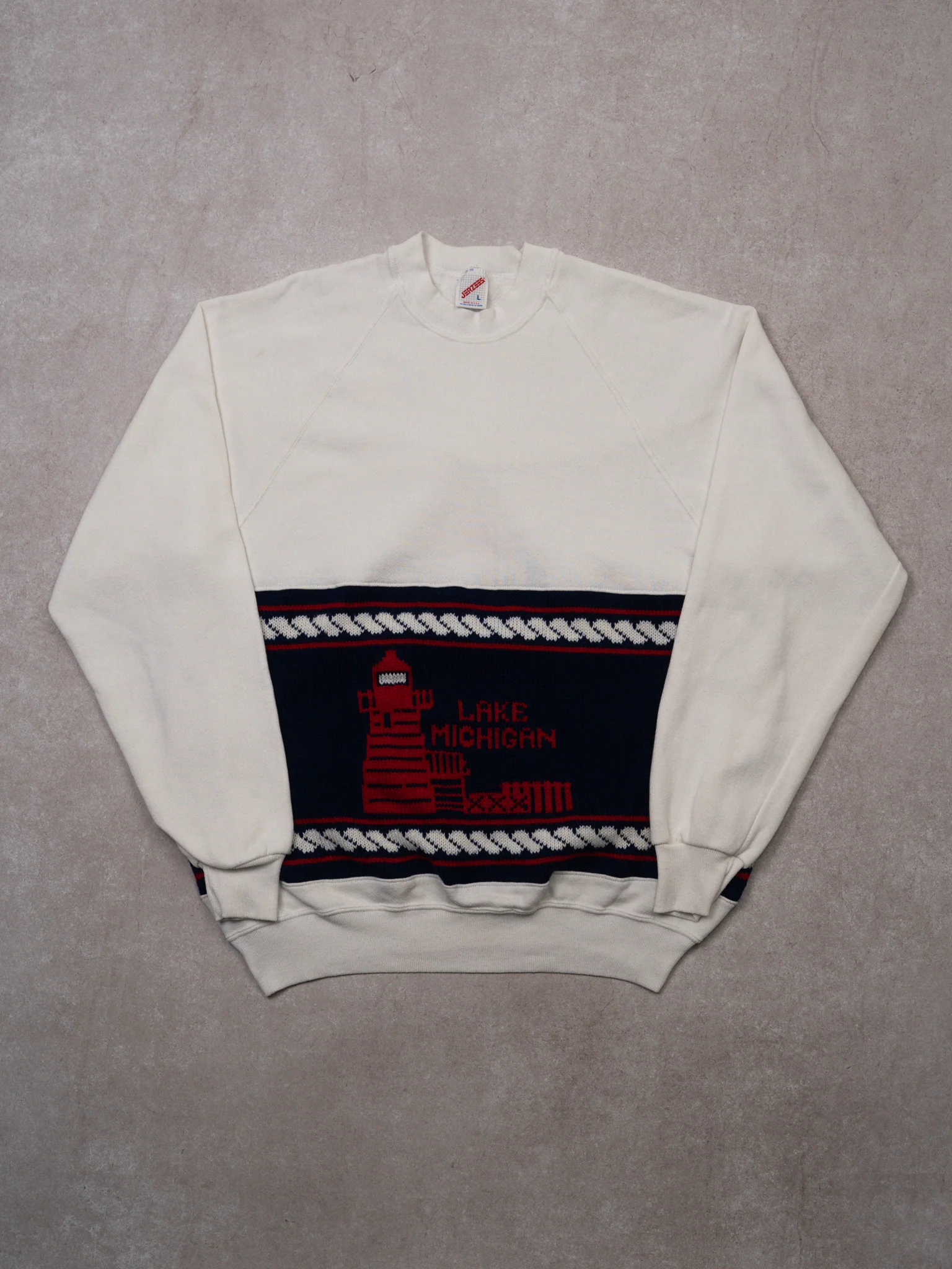 Vintage White + Blue + Red Lake Michigan Crewneck (L)