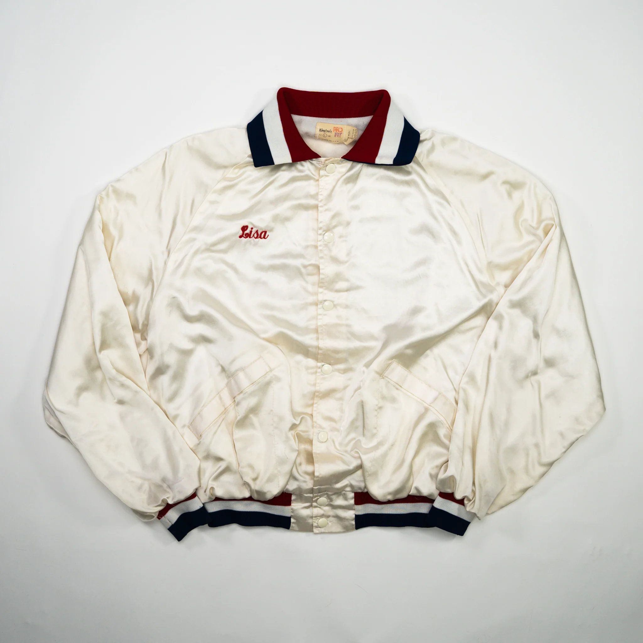 Vintage White, Blue + Red Sleepy Hollow Motorcross Satin Bomber (L)