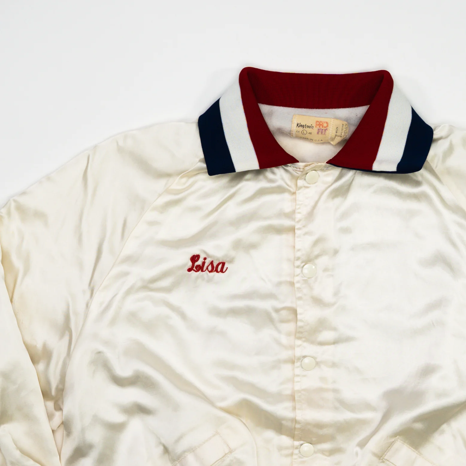 Vintage White, Blue + Red Sleepy Hollow Motorcross Satin Bomber (L) - Image 2