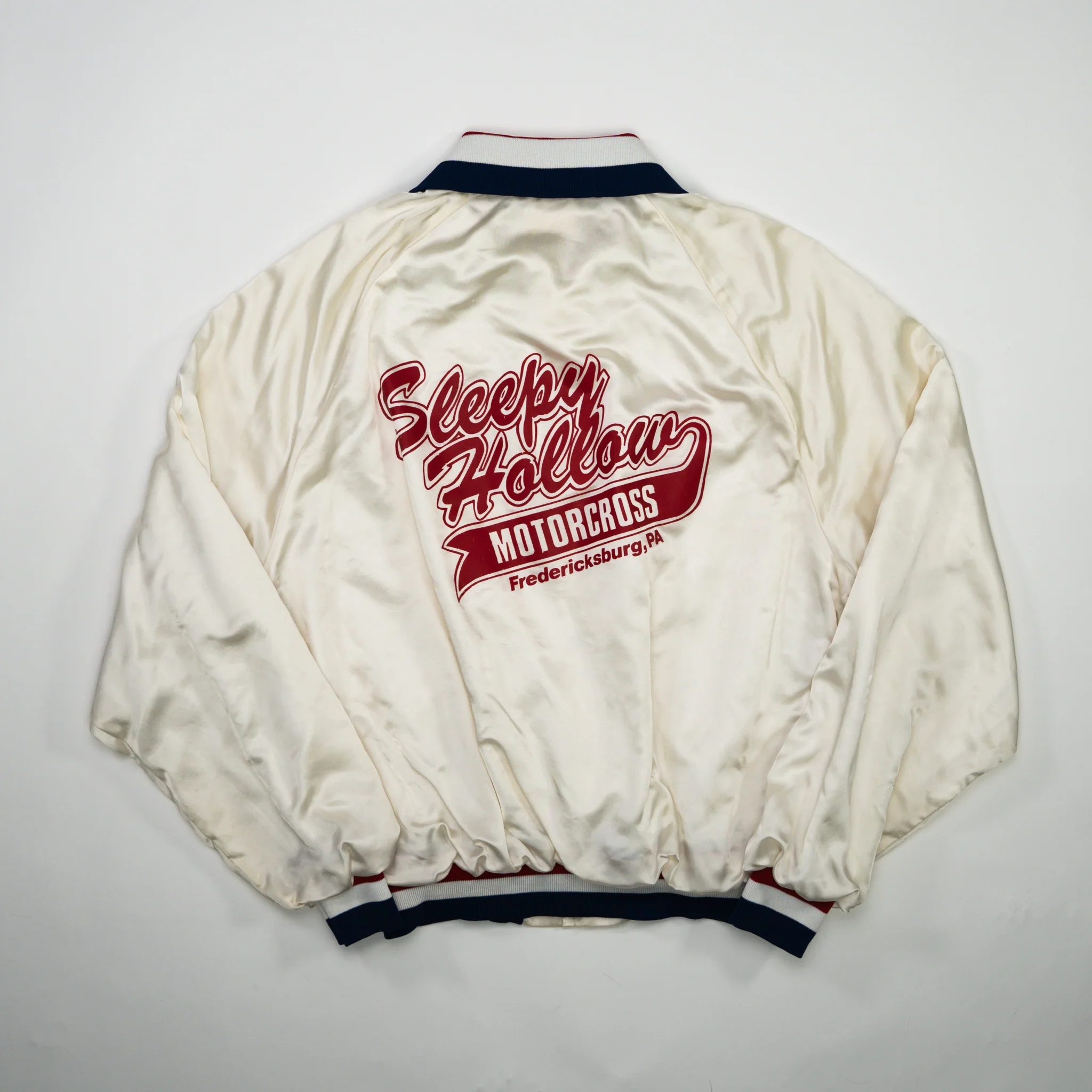 Vintage White, Blue + Red Sleepy Hollow Motorcross Satin Bomber (L) - Image 3