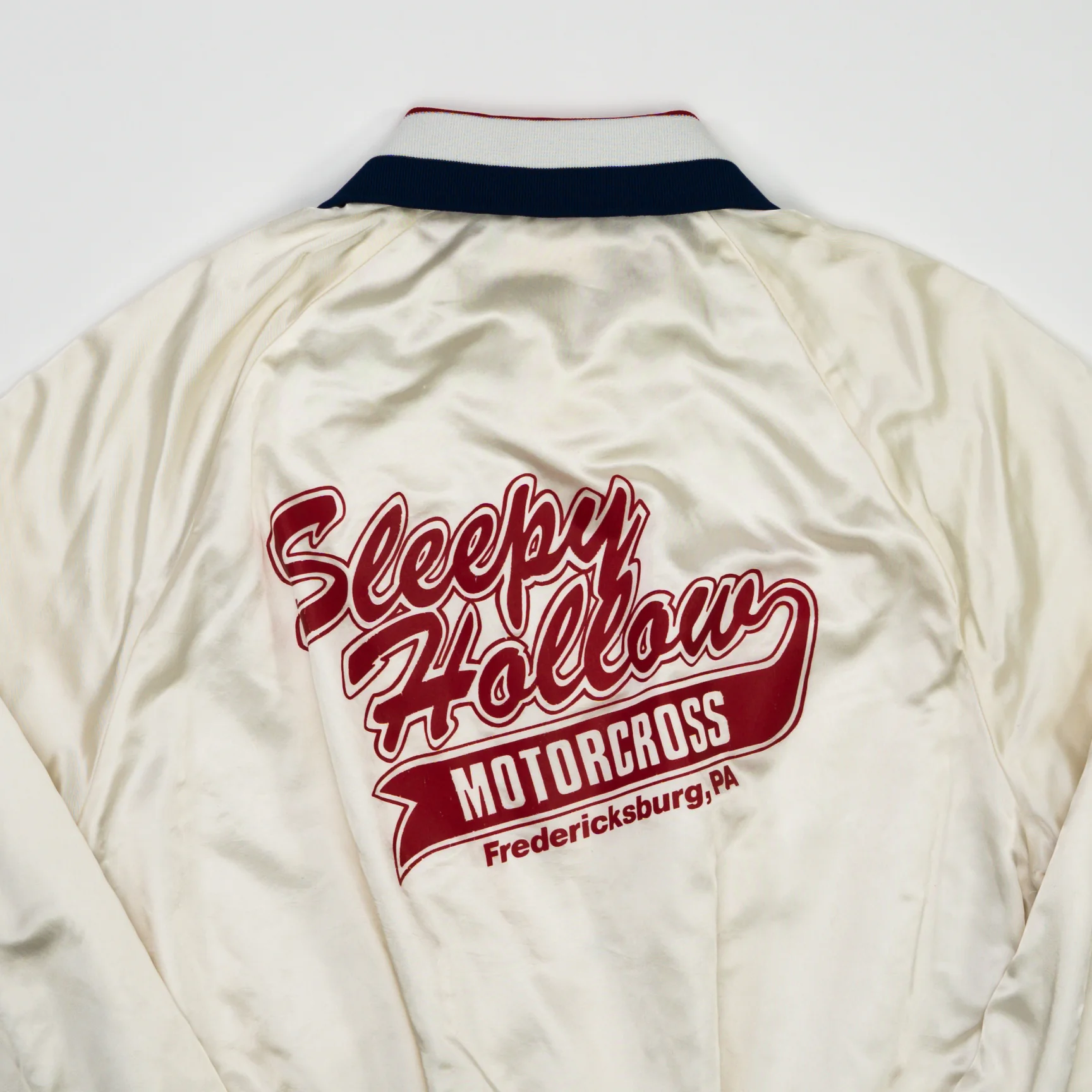 Vintage White, Blue + Red Sleepy Hollow Motorcross Satin Bomber (L) - Image 4