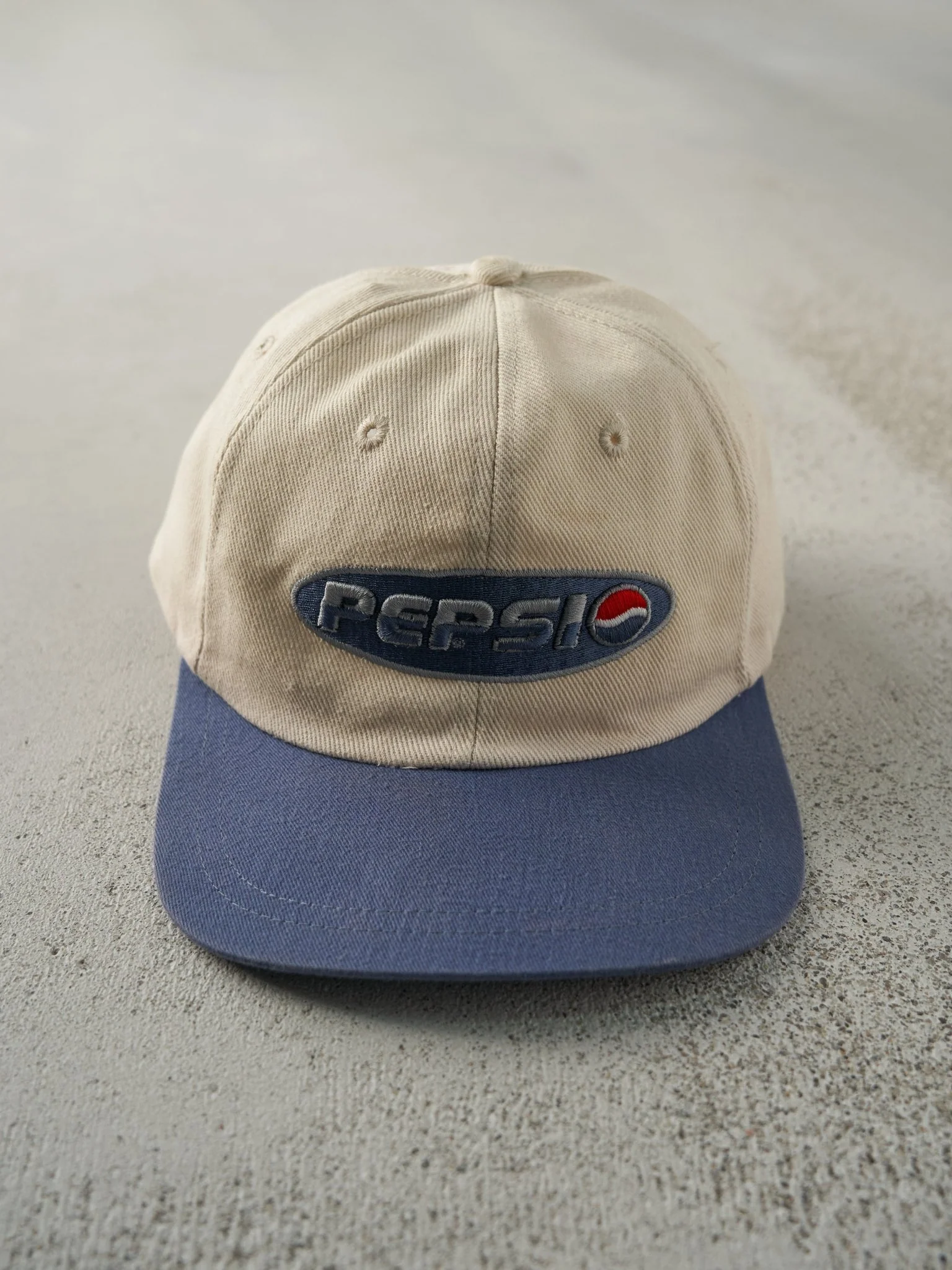 Vintage Y2K Beige & Blue Embroidered Pepsi Strapback Hat (7 5/8)