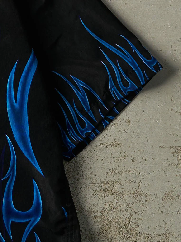 Vintage Y2K Black & Blue Flame Short Sleeve Button Up (S) - Image 3