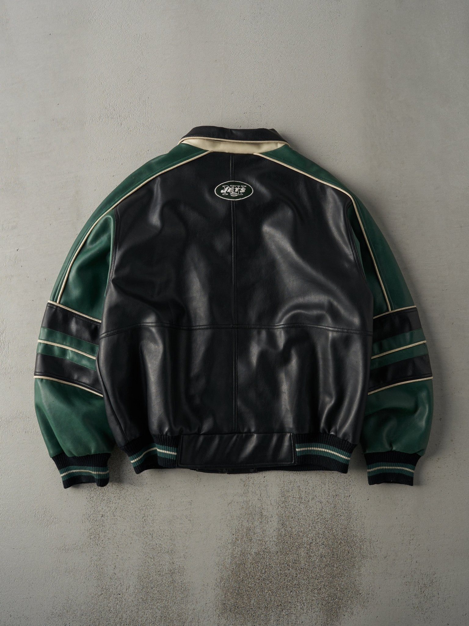 Vintage Y2K Black & Green New York Jets Leather Bomber Jacket (L) - Image 3