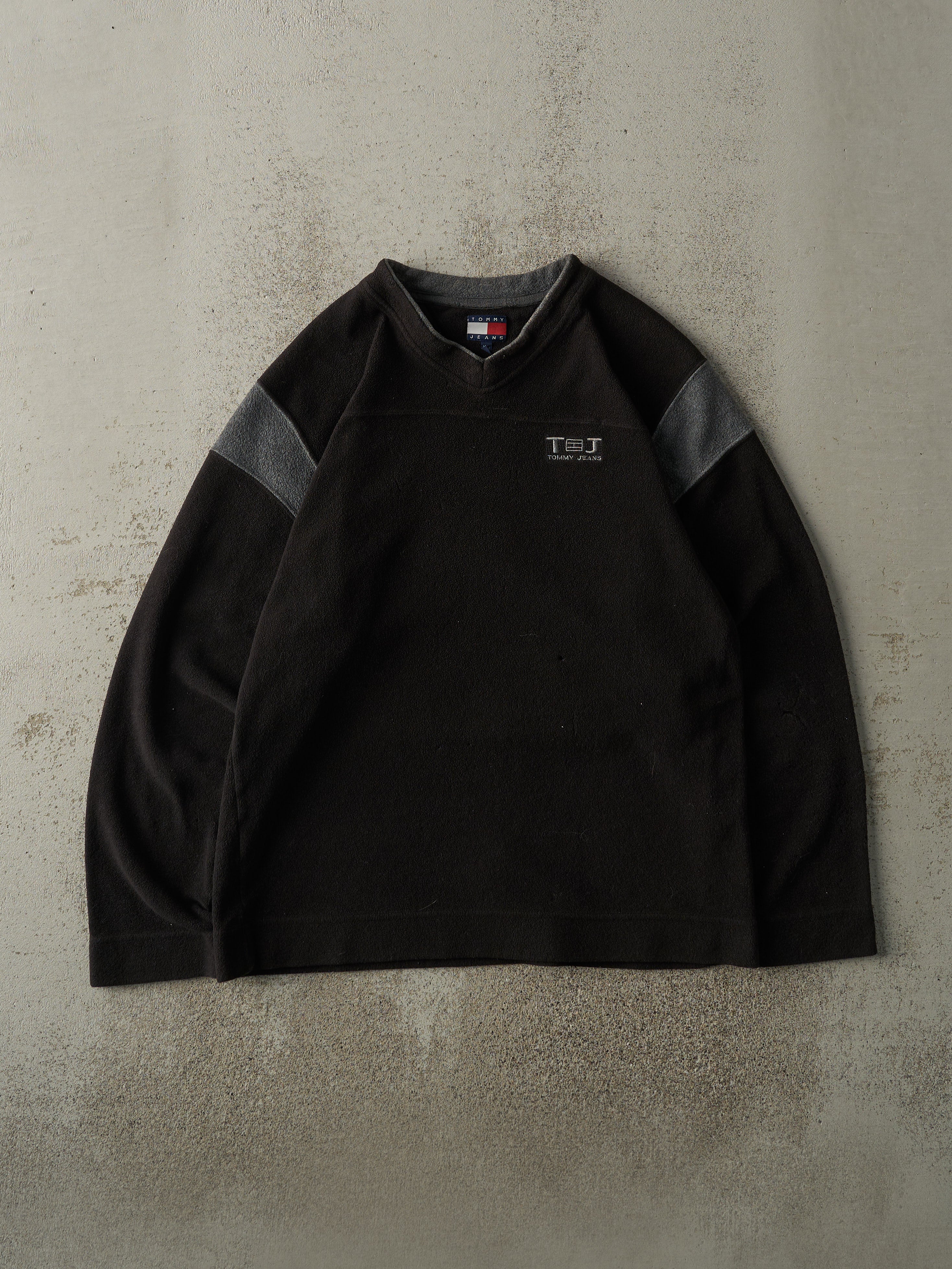 Vintage Y2K Black & Grey Tommy Jeans Embroidered Fleece Pullover (M/L)