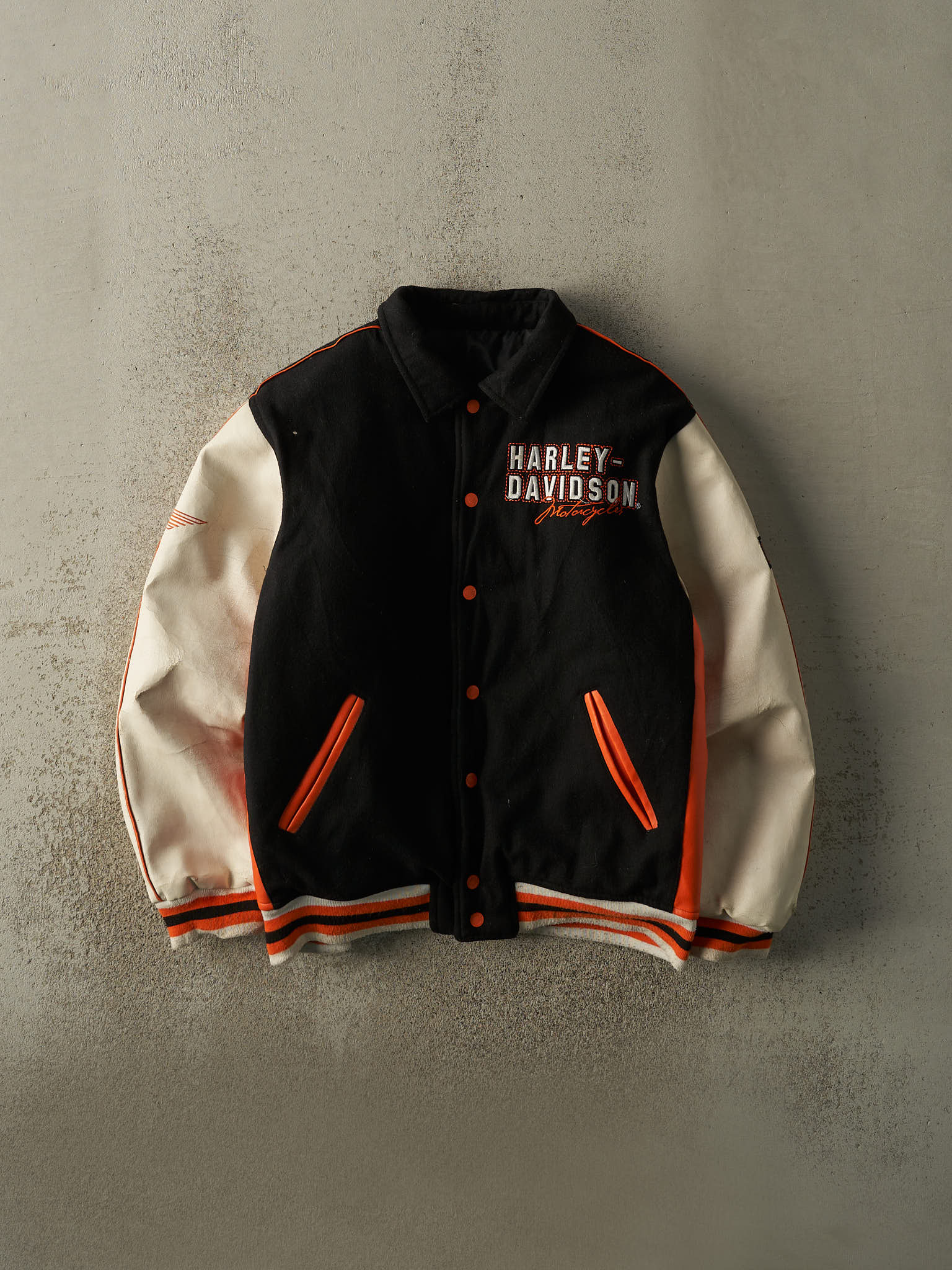 Vintage Y2K Black, White & Orange Harley Davidson Reversible Bomber/ Varsity Jacket (M/L)