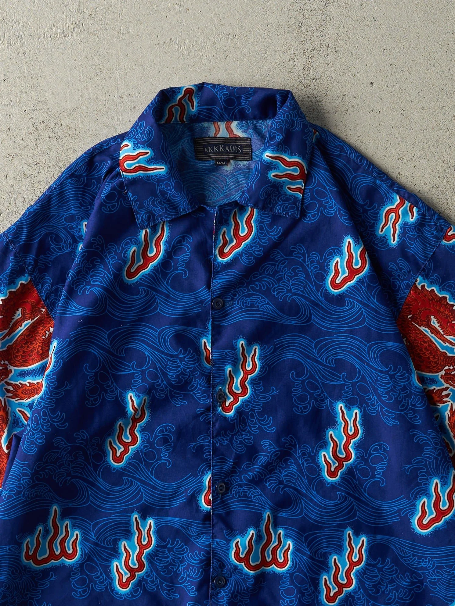 Vintage Y2K Blue Dragon Print Button Up Tee (L) - Image 2