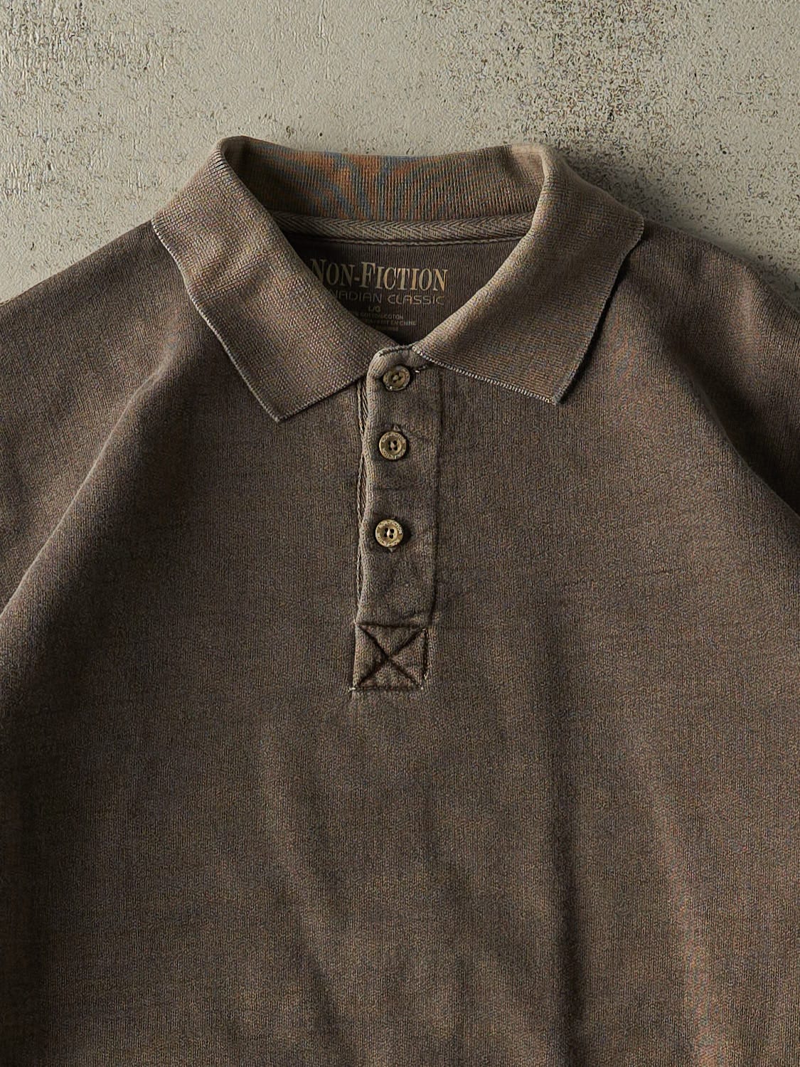 Vintage Y2K Brown Non-Fiction Quarter Button Sweater (L/XL) - Image 2