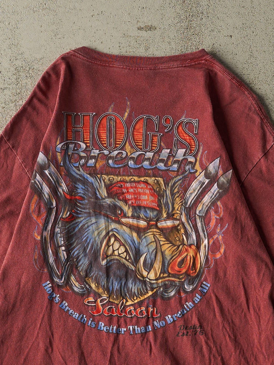 Vintage Y2K Burgundy Hog's Breath Saloon Tee (M/L) - Image 4