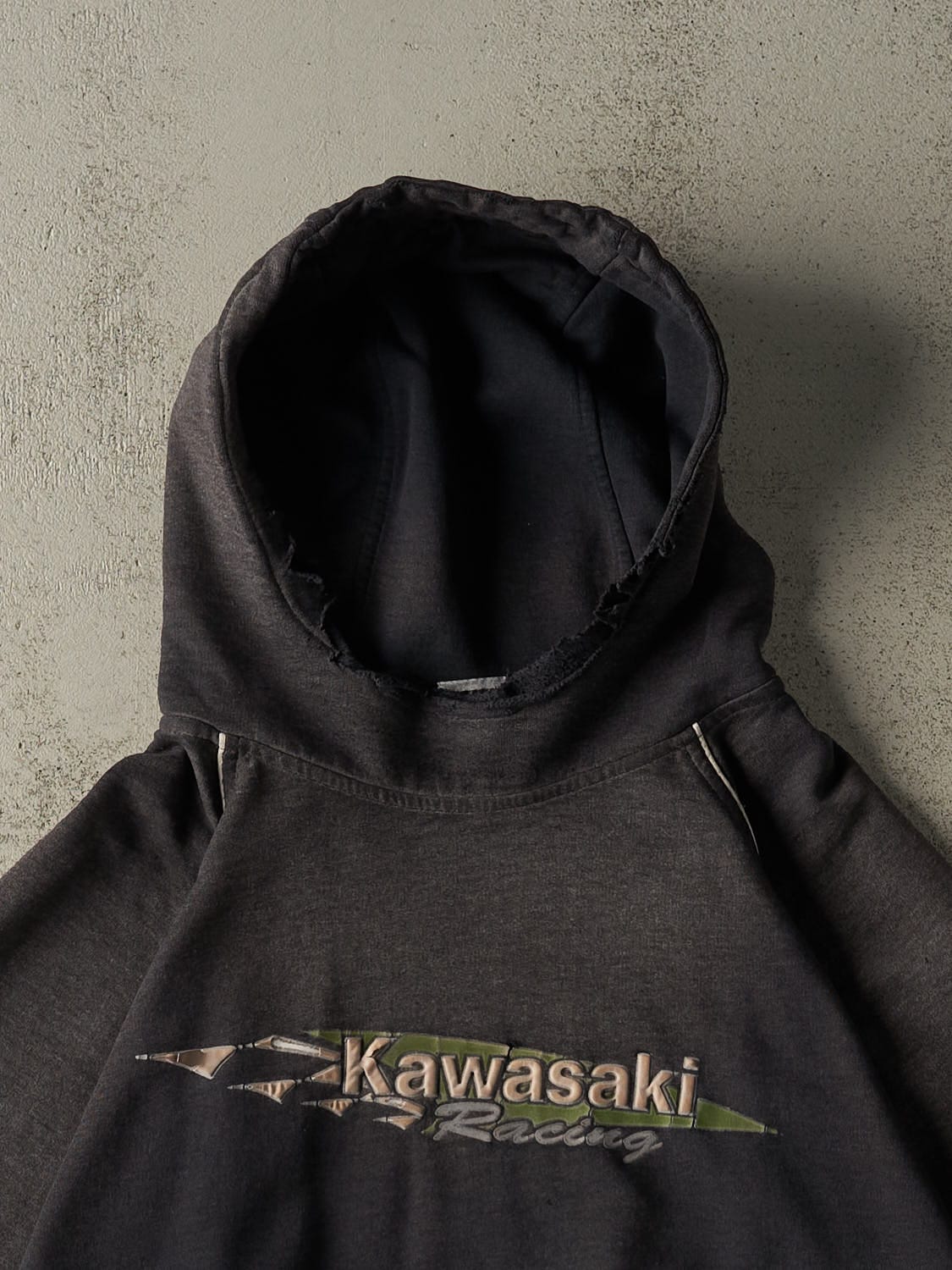Vintage Y2K Charcoal Grey Kawaski Racing Hoodie (XL) - Image 2