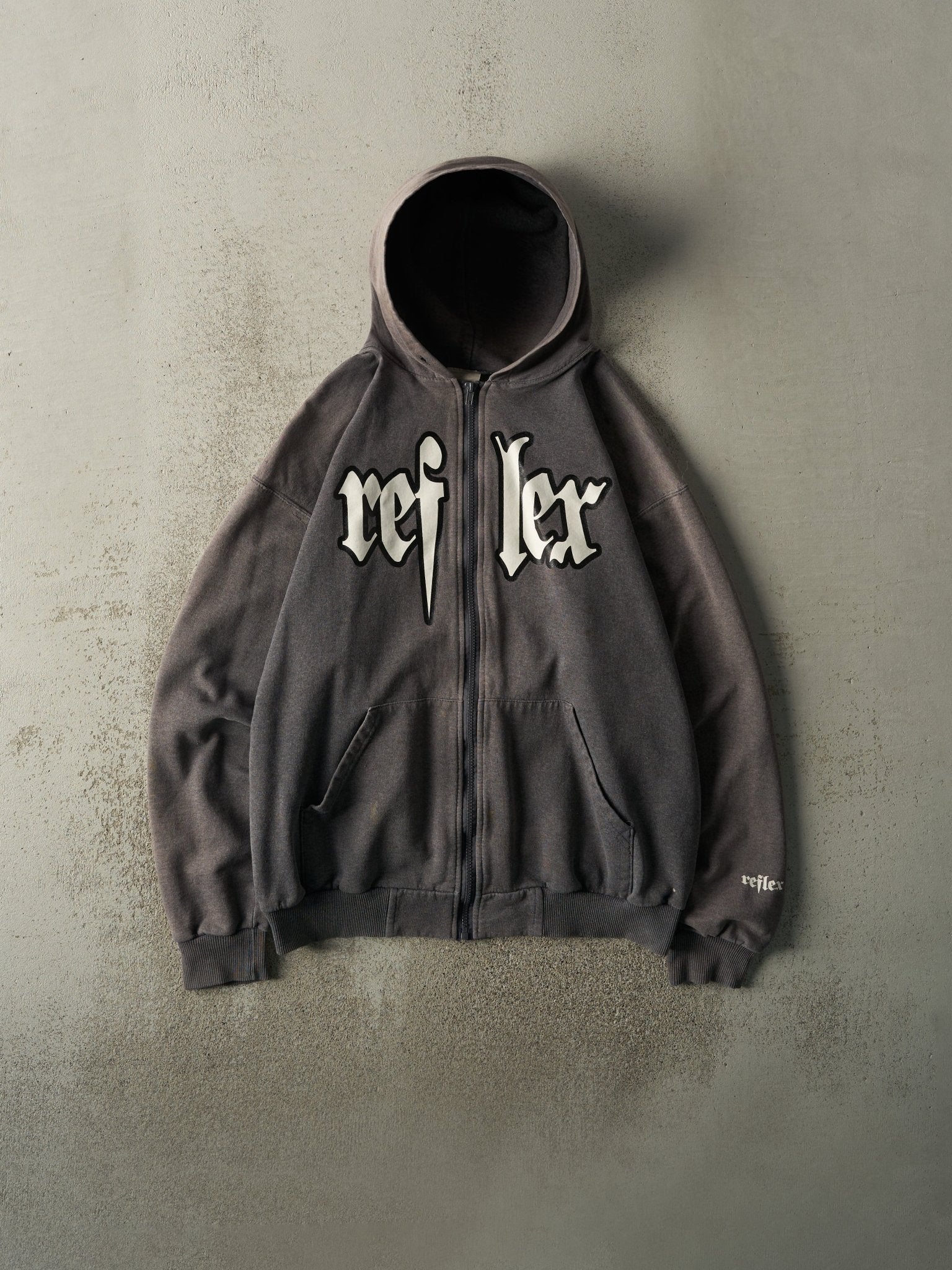 Vintage Y2K Faded Charcoal Grey Reflex Zip Up Hoodie (L)