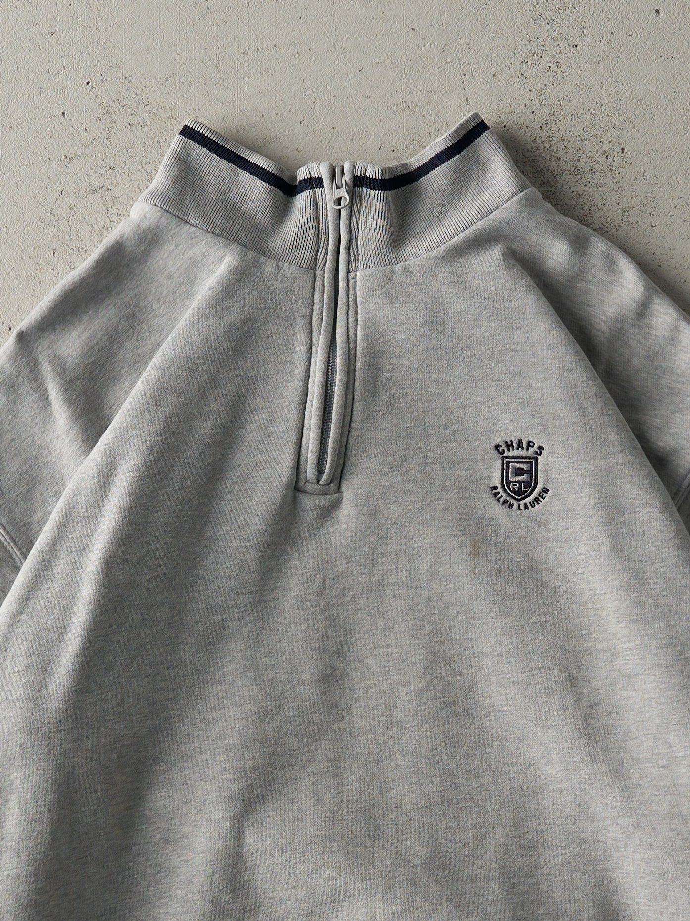 Vintage Y2K Grey Embroidered Chaps Ralph Lauren Quarter Zip Boxy Sweatshirt (L) - Image 2