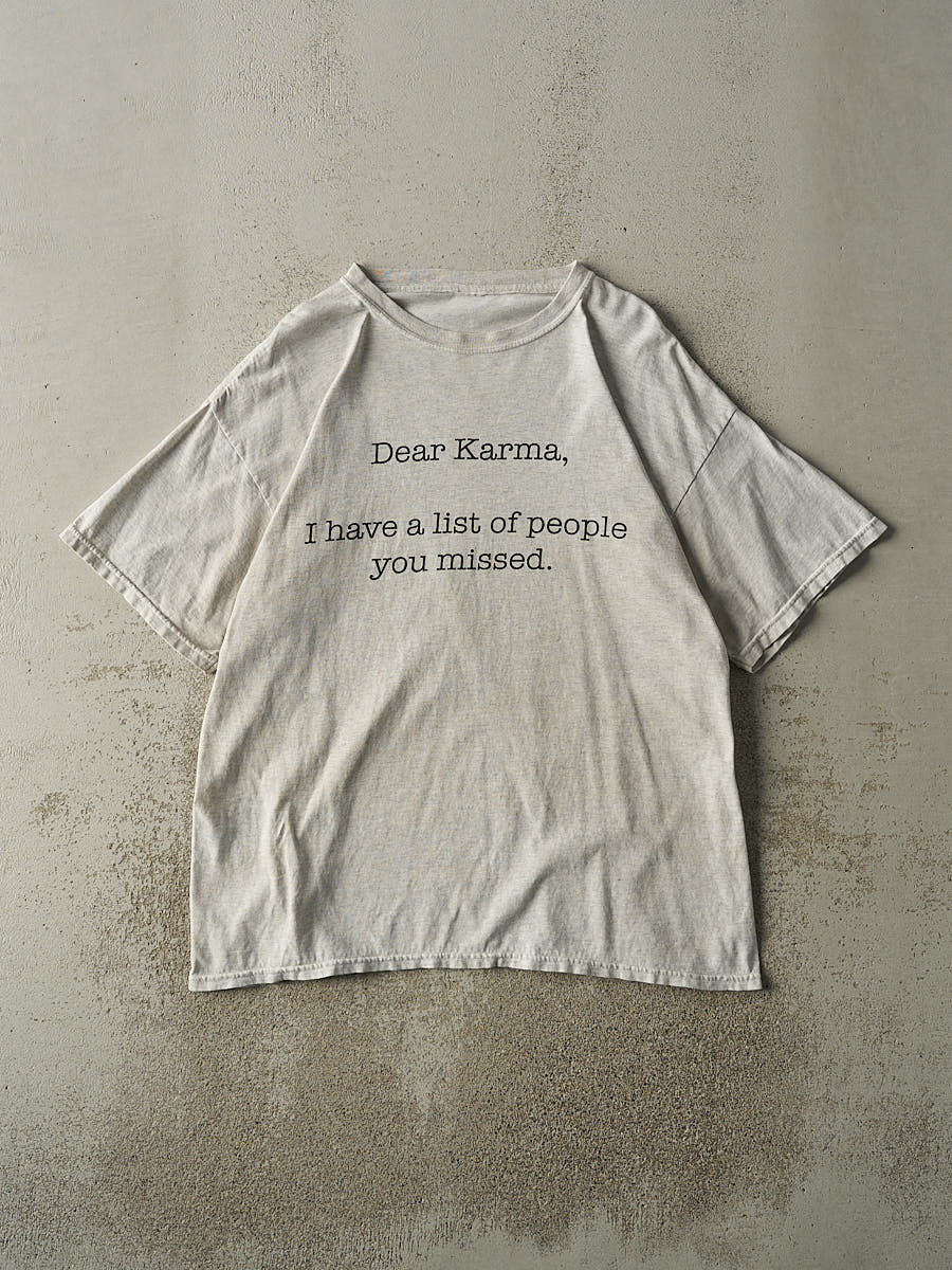 Vintage Y2K Heather Grey "Dear Karma" Slogan Tee (XL)