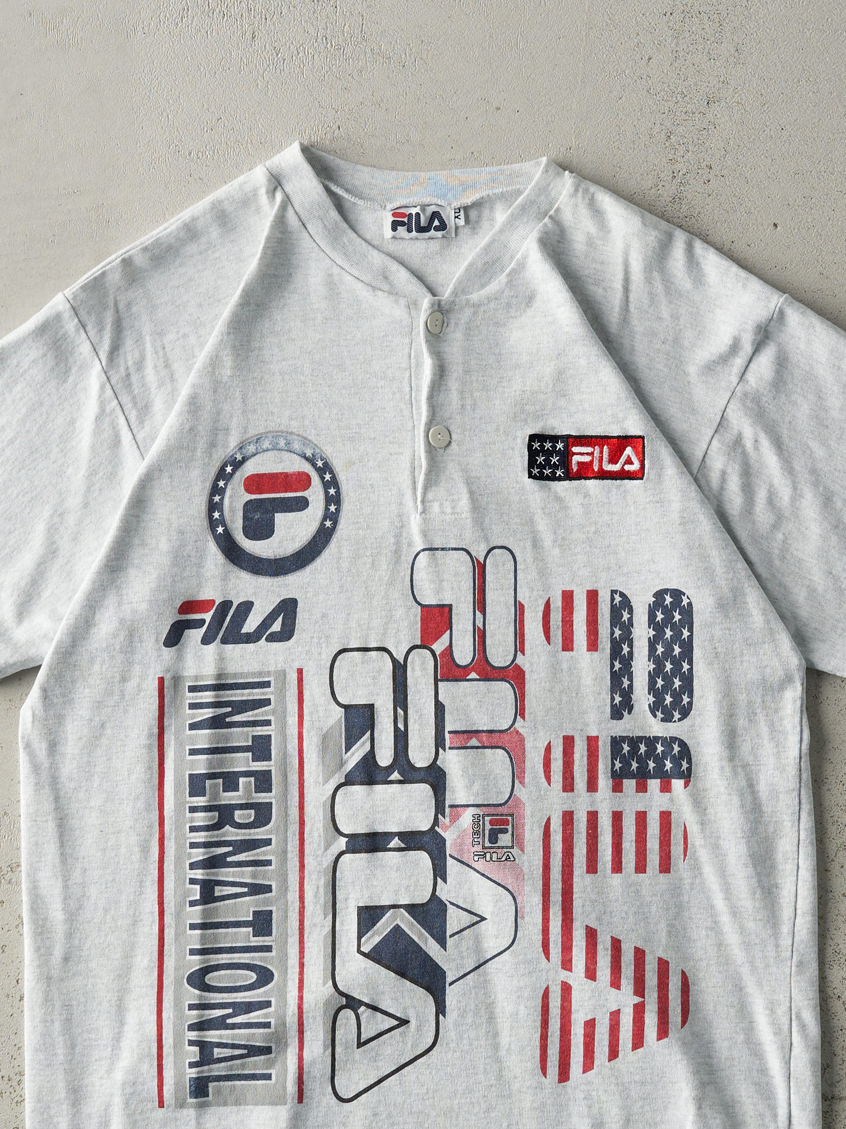 Vintage Y2K Heather Grey Fila Quarter Button Tee (M) - Image 3